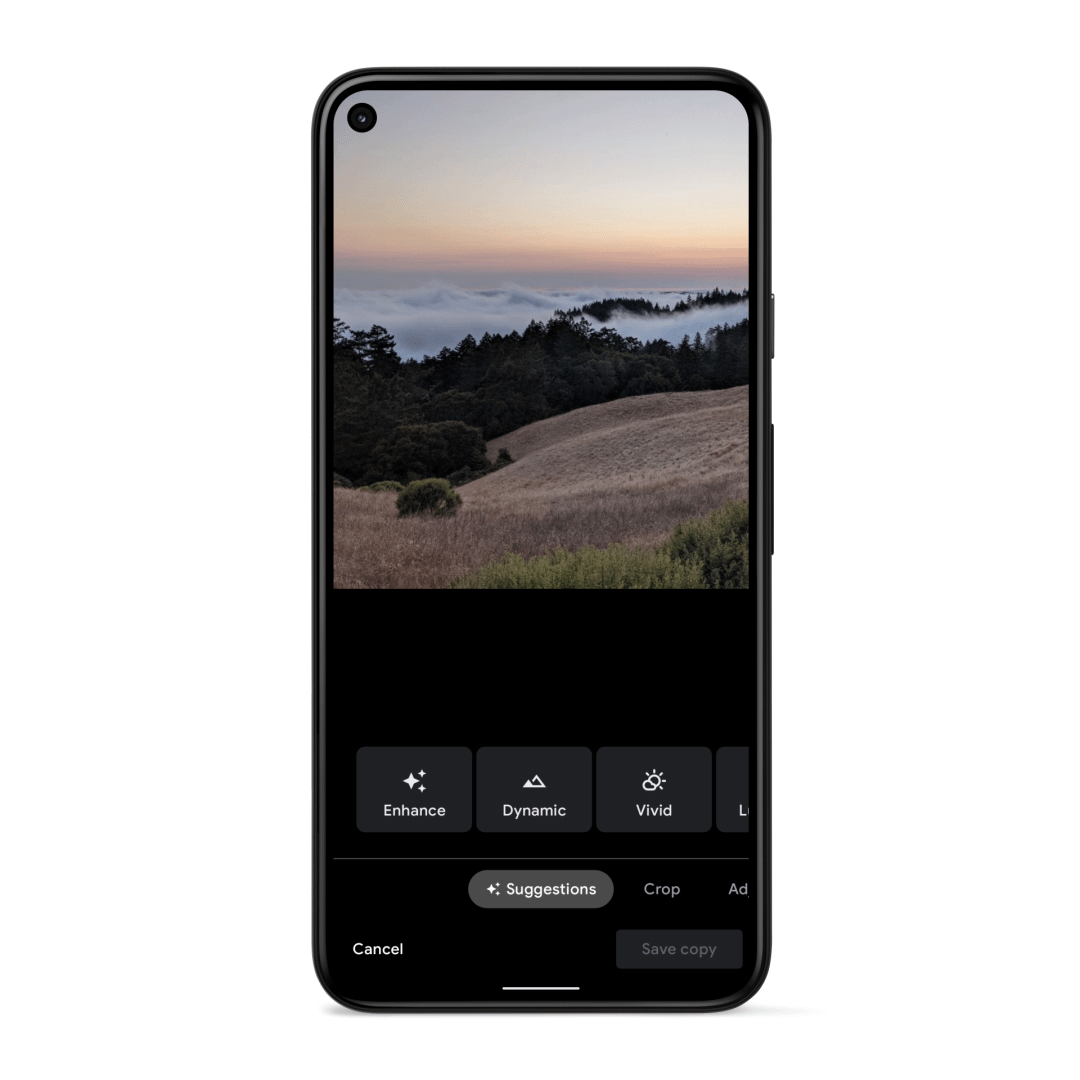 Animated GIF showing a Pixel Phone swiping through various editing sets for a photo of a sunset at a beach.