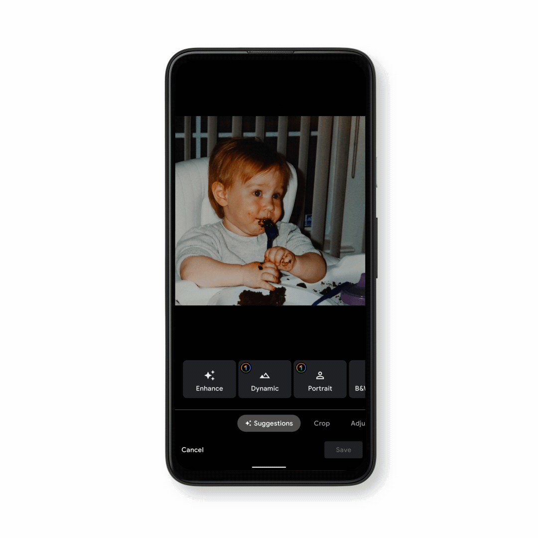 Animated GIF showing a phone with an old photo of a baby on it while the Portrait Light setting is being applied to enhance the lighting.