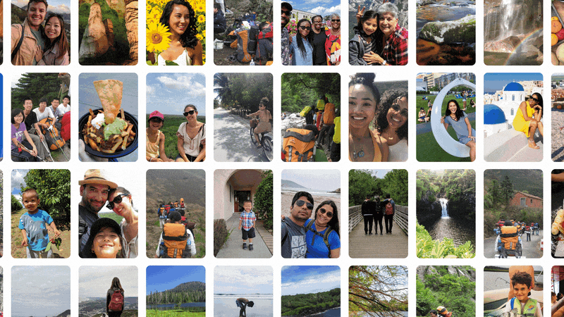 Animated GIF showing various photos in a grid; some photos featuring an orange backpack are highlighted and picked out to create a collection.