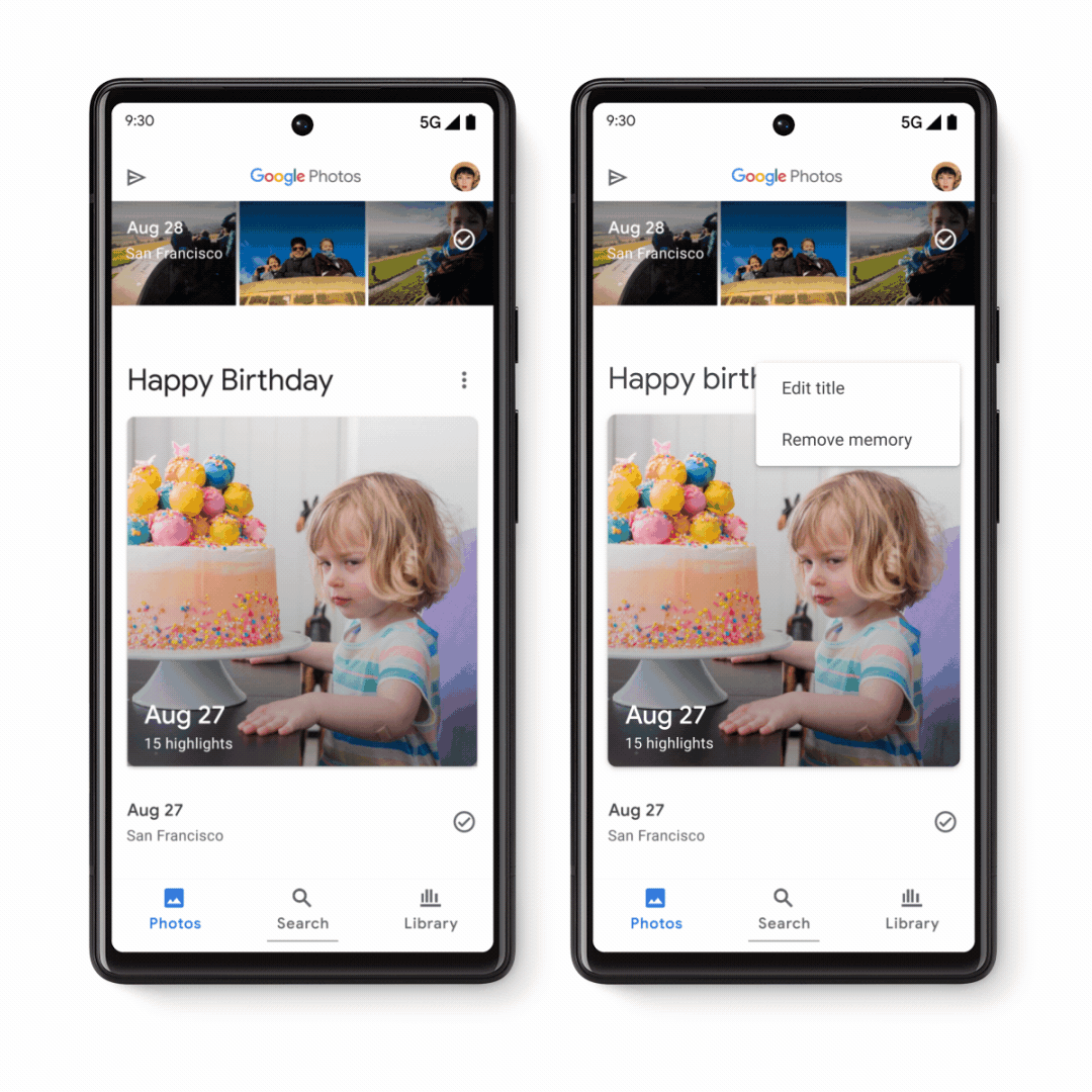 A GIF showing a Happy birthday Memory in the Google Photos app next to a still image of the same Happy Birthday Memory with controls to rename or remove it.