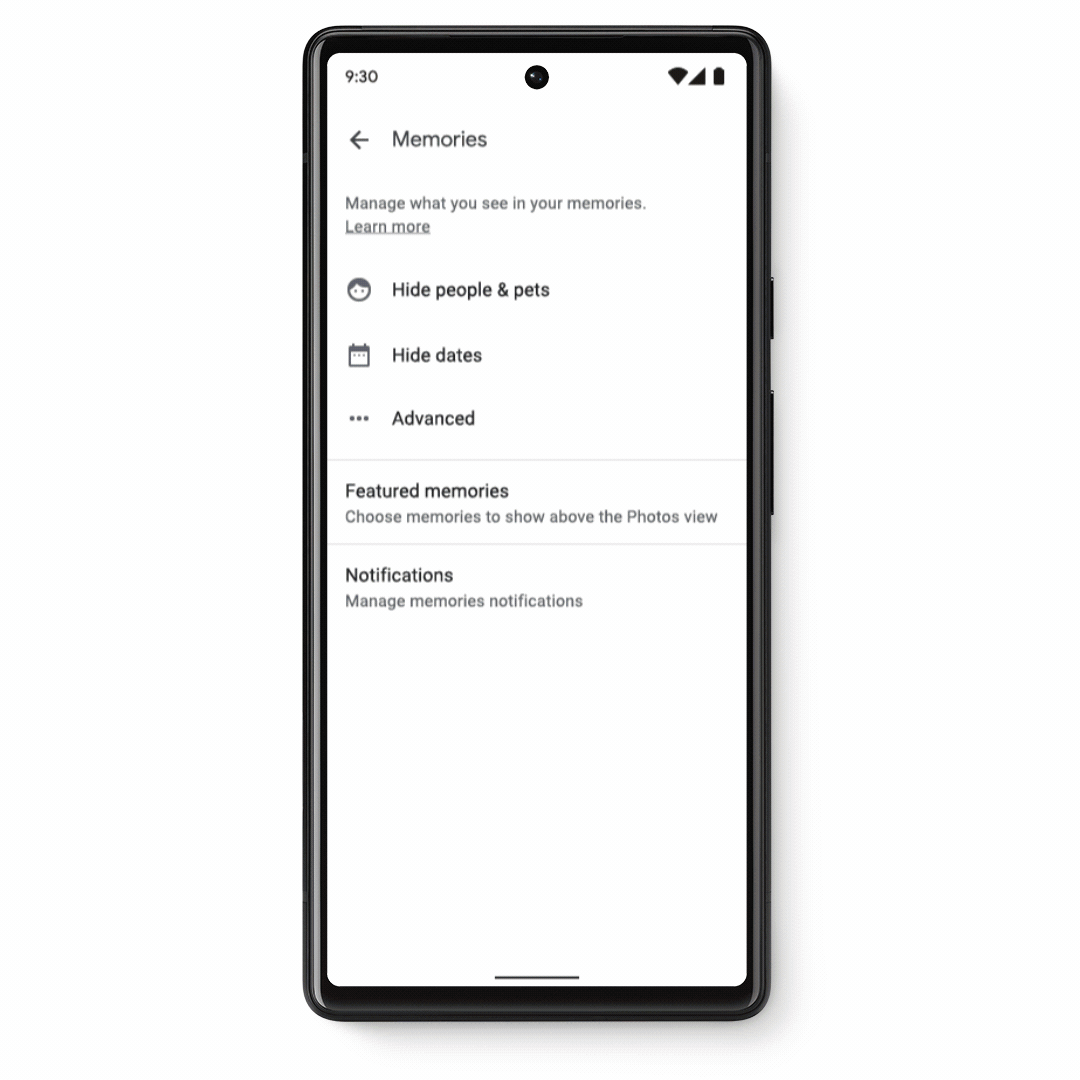 A GIF showing controls for selecting certain people and pets to hide from being shown in your Memories in Google Photos.