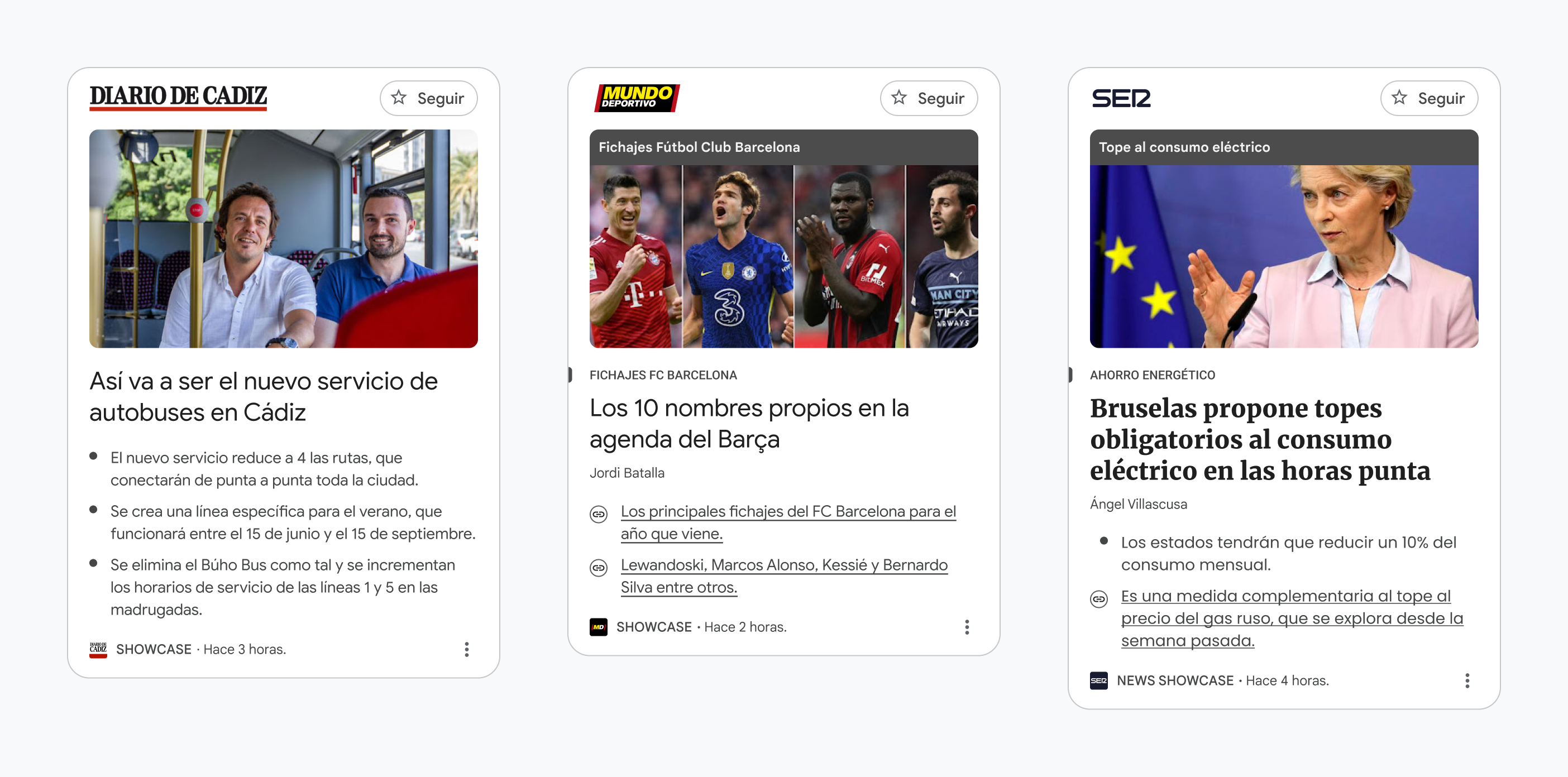 This image shows three different examples of how News Showcase panels can look with Spanish publishers - here Diario de Cadiz, Mundo Deportivo and SE12