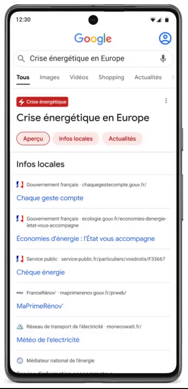 Animation montrant des informations sur la crise de l'énergie dans la recherche Google