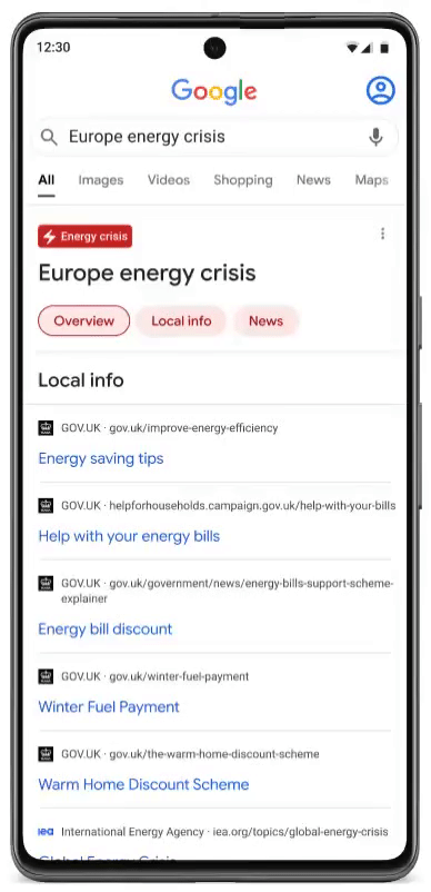 Animation showing information about the energy crisis on Google Search