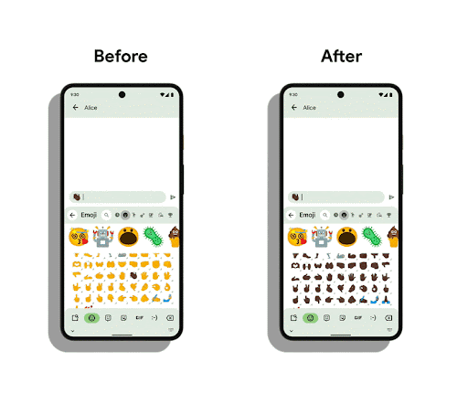 Two phones are side by side, one underneath text that says before, the other underneath text that says after. The before shows a cursor selecting the waving hand emoji and changing it to the dark skin tone. The surrounding compatible emoji remain yellow. The after shows a cursor selecting the waving hand emoji and changing it to the dark skin tone. The surrounding compatible emoji also change to the dark skin tone.