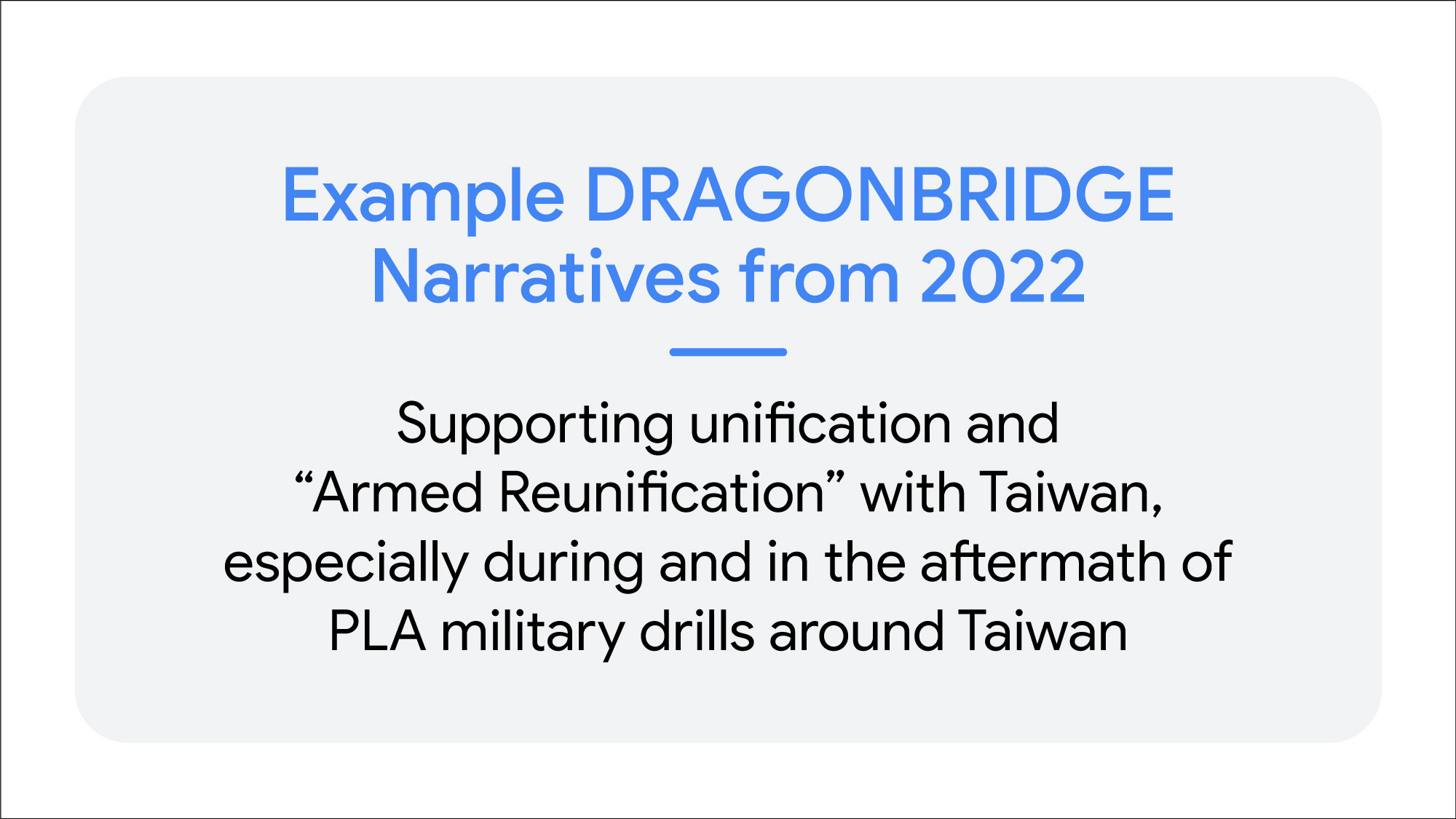 card showing the DRAGONBRIDGE narrative supporting unification and “Armed Reunification” with Taiwan, particularly during and in the aftermath of PLA military drills around Taiwan
