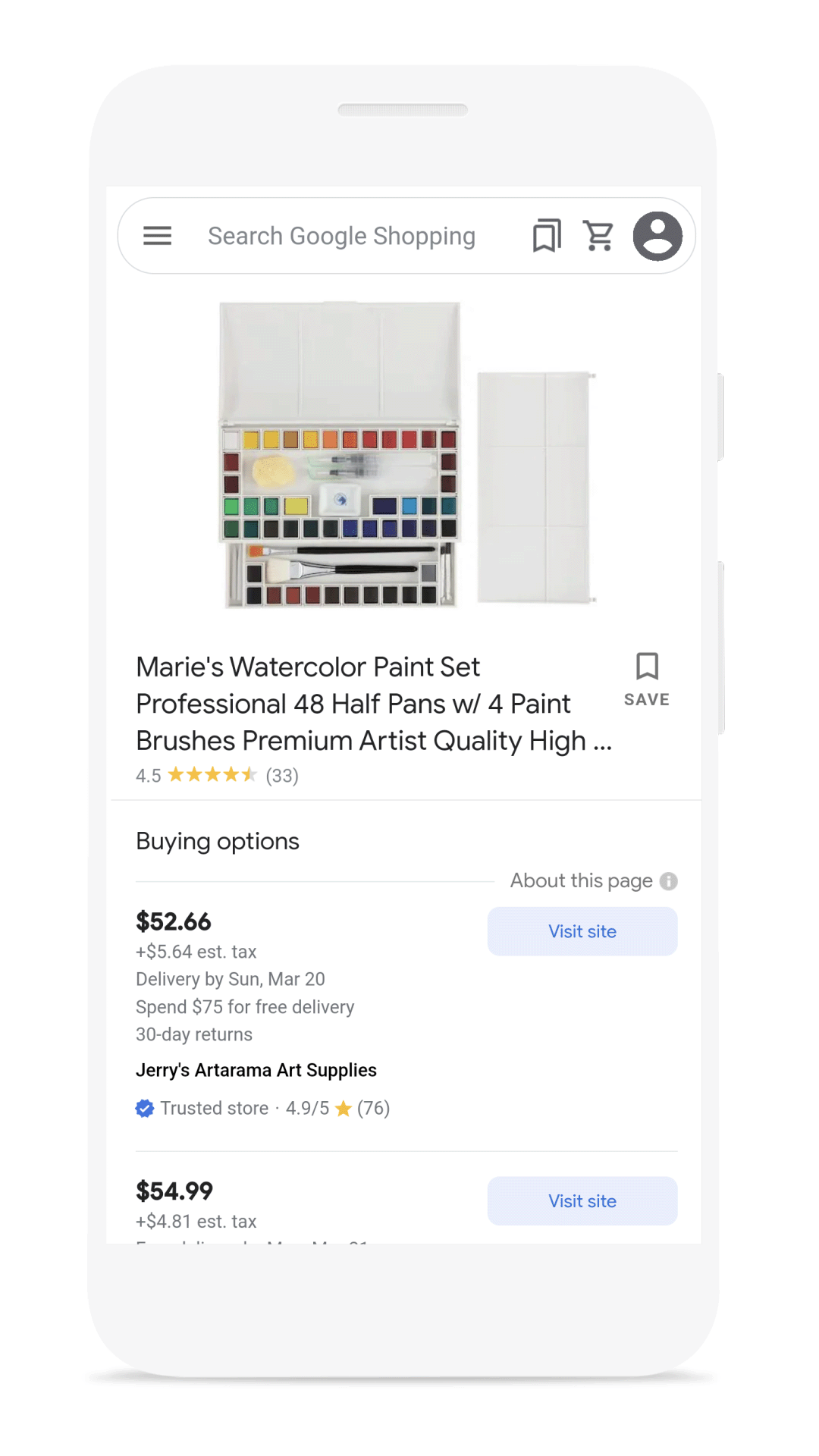 A phone screen highlights a trusted store badge on a watercolor paint set in Google Shopping.