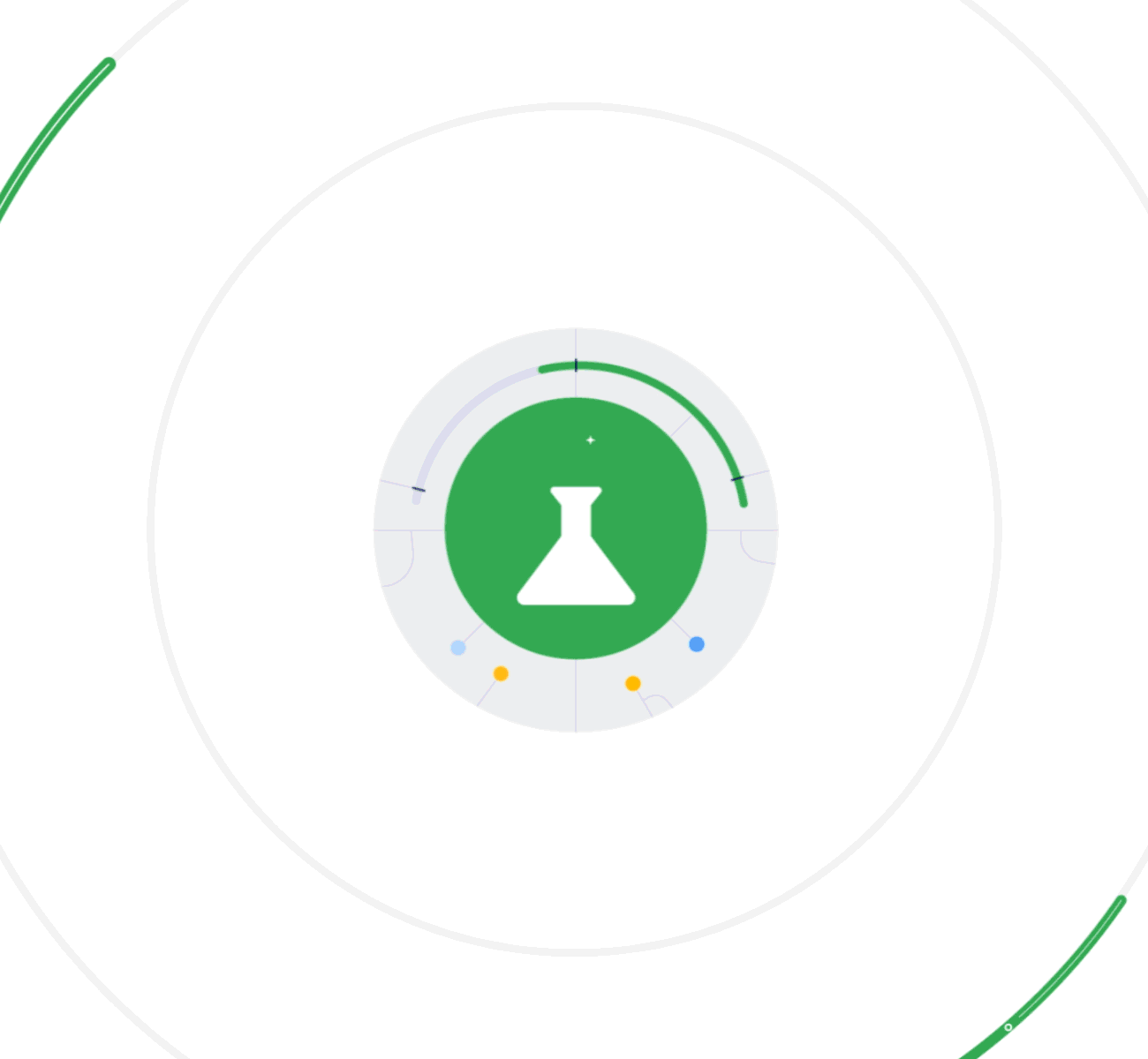 Animation eines grünen Glaskolben-Symbols, das von Symbolen der Google-Kanäle umrundet wird