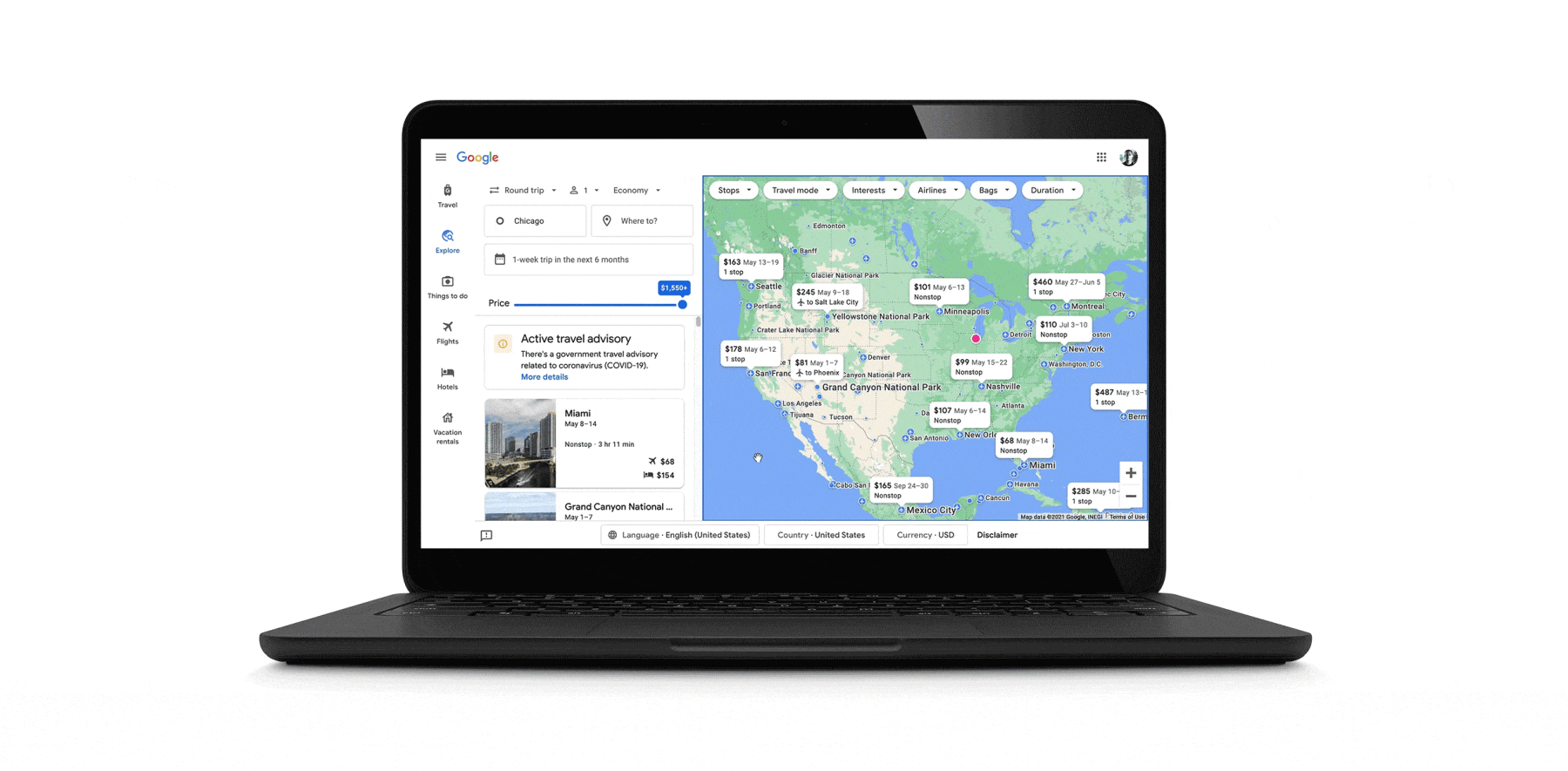 Animation showing the Explore map on google.com/travel