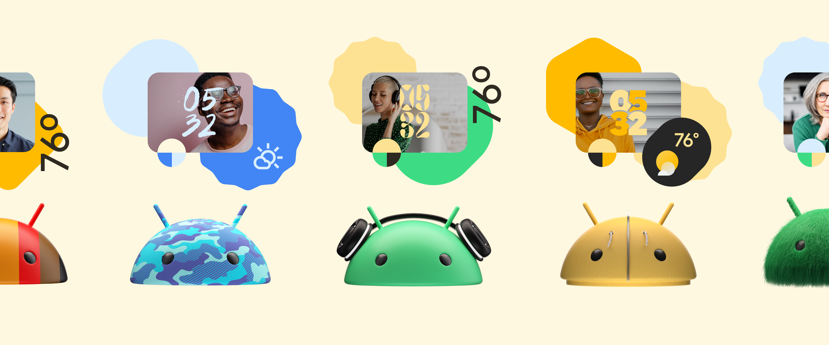 A series of decorated Android bot heads with corresponding clocks and widgets in the same colorways as the bots.