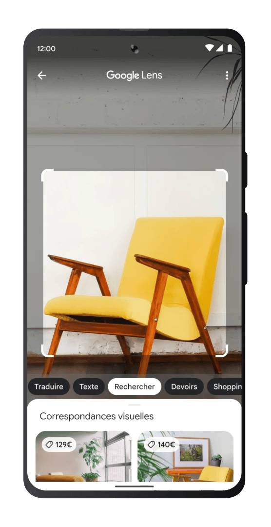 Phone showing the ability to search in French for a beige version of a stylish yellow chair, using text and images at the same time.