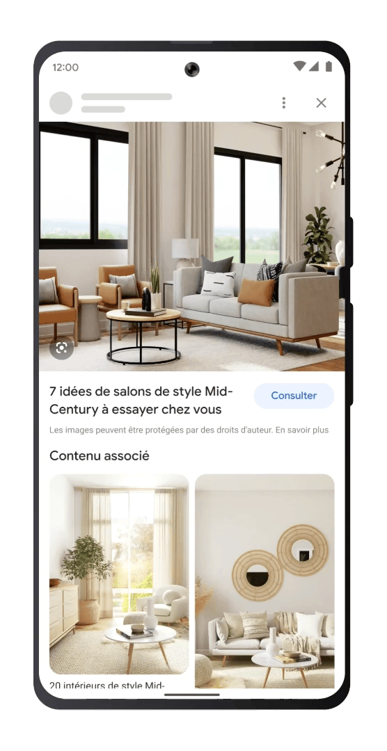 Téléphone montrant l'utilisation de Multisearch pour trouver un meuble à vos goûts à partir de l'image d'un meuble similaire.