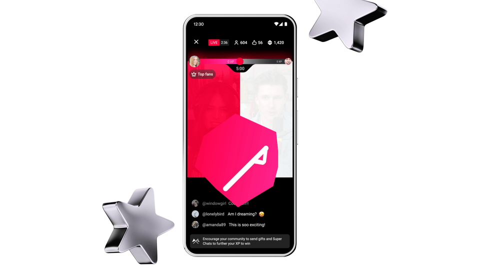 An animated UI demonstration of the 'Live showdown' interactive team competition. The smartphone screen displays a pink flag graphic and a 5-second countdown to signal the start of a matchup. The screen splits to show a head-to-head match between a female creator on the left and a male creator on the right, accompanied by a 5-minute timer and an interactive score bar at the top. Viewers' chat, gifts, and Super Chats push the scoring progress bars in real-time. The clip ends showing a final 'LOSE' screen graphic over a red background as the timer hits zero. 