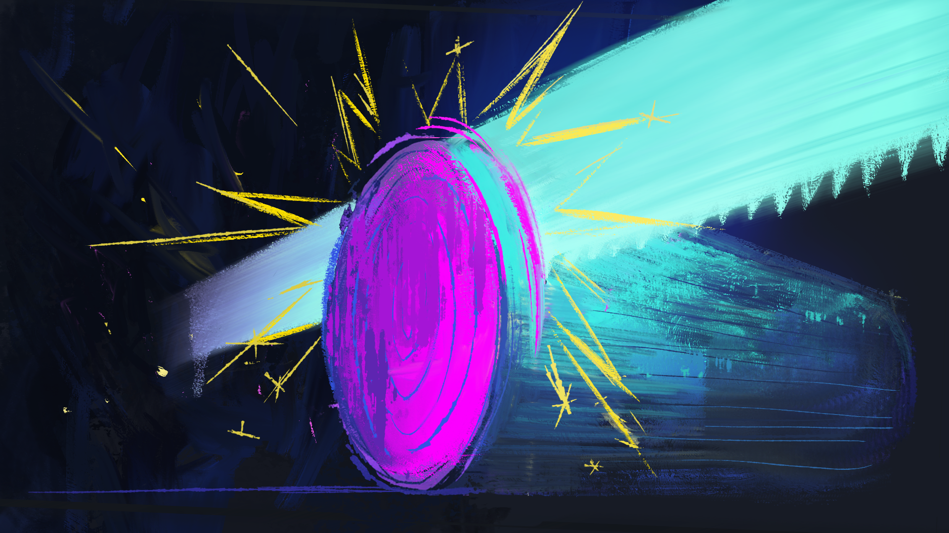 A painting of a saw cutting a log, in vivid neon turquoise, magenta and yellow on a black background.