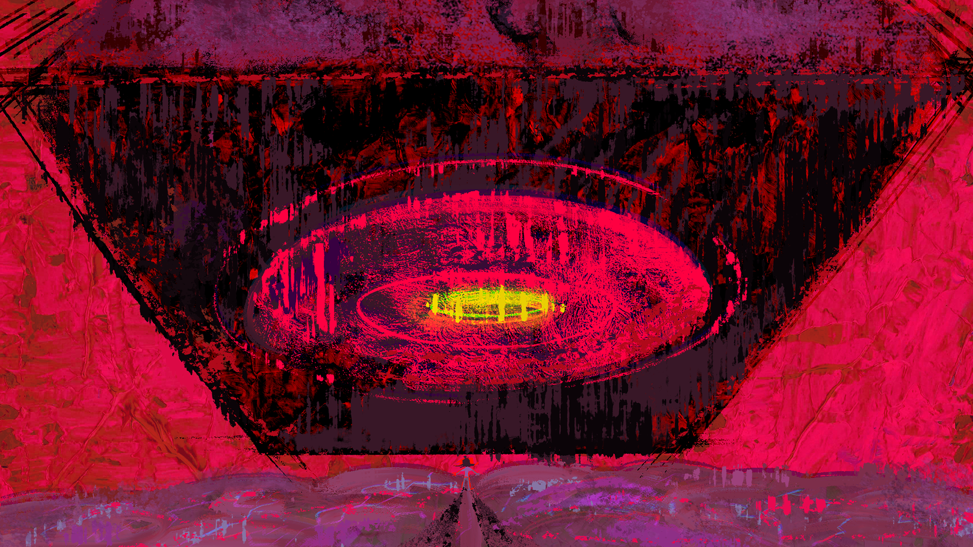 An expressionistic painting of a giant speaker floating menacingly above a mysterious landscape, in garish tones of black, red, and yellow.