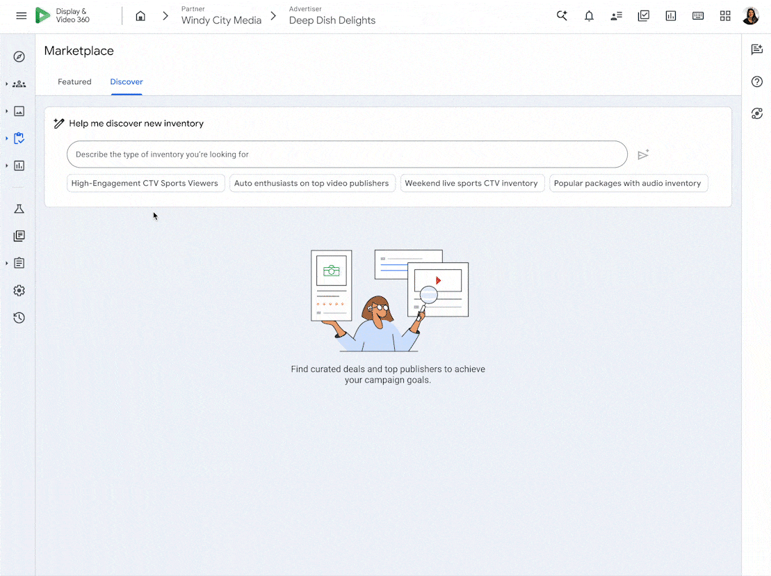 Animated view of the Display & Video 360’s user interface showing the new generative AI powered Marketplace being used.