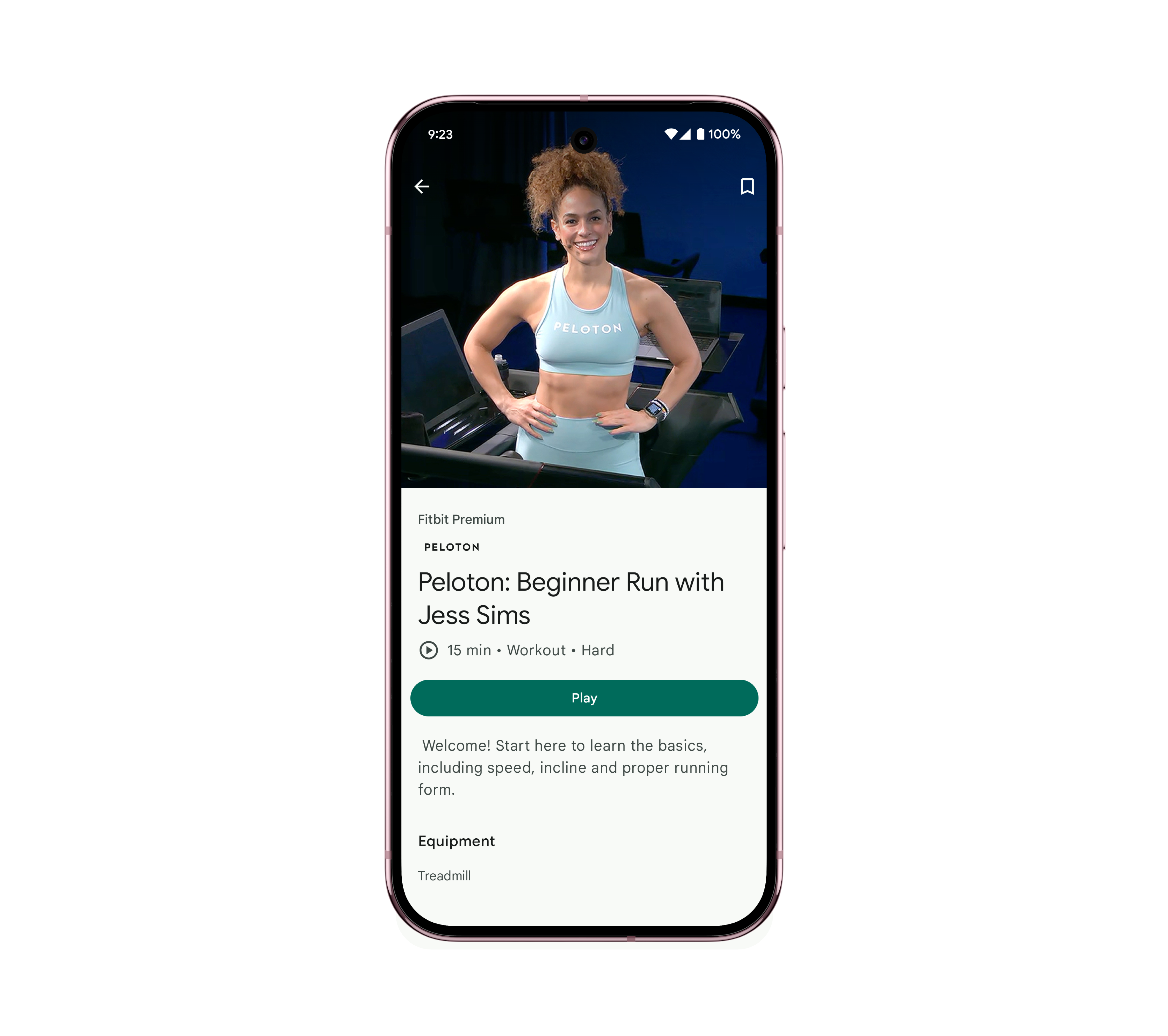 Image showing a video in the Fitbit mobile app of a Peloton Instructor leading a workout class.