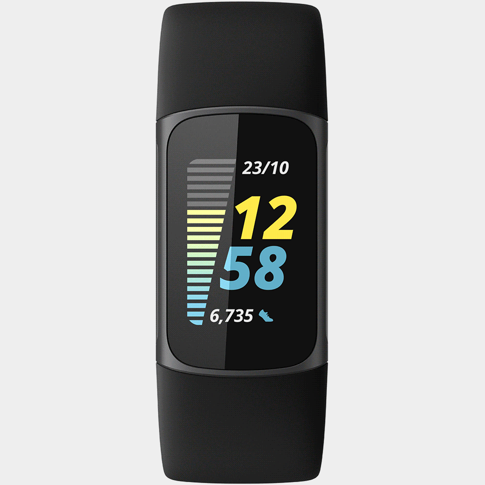 Fitbit Charge 5’s advanced health and fitness tracker with on-device animation demonstrating the user interface.
