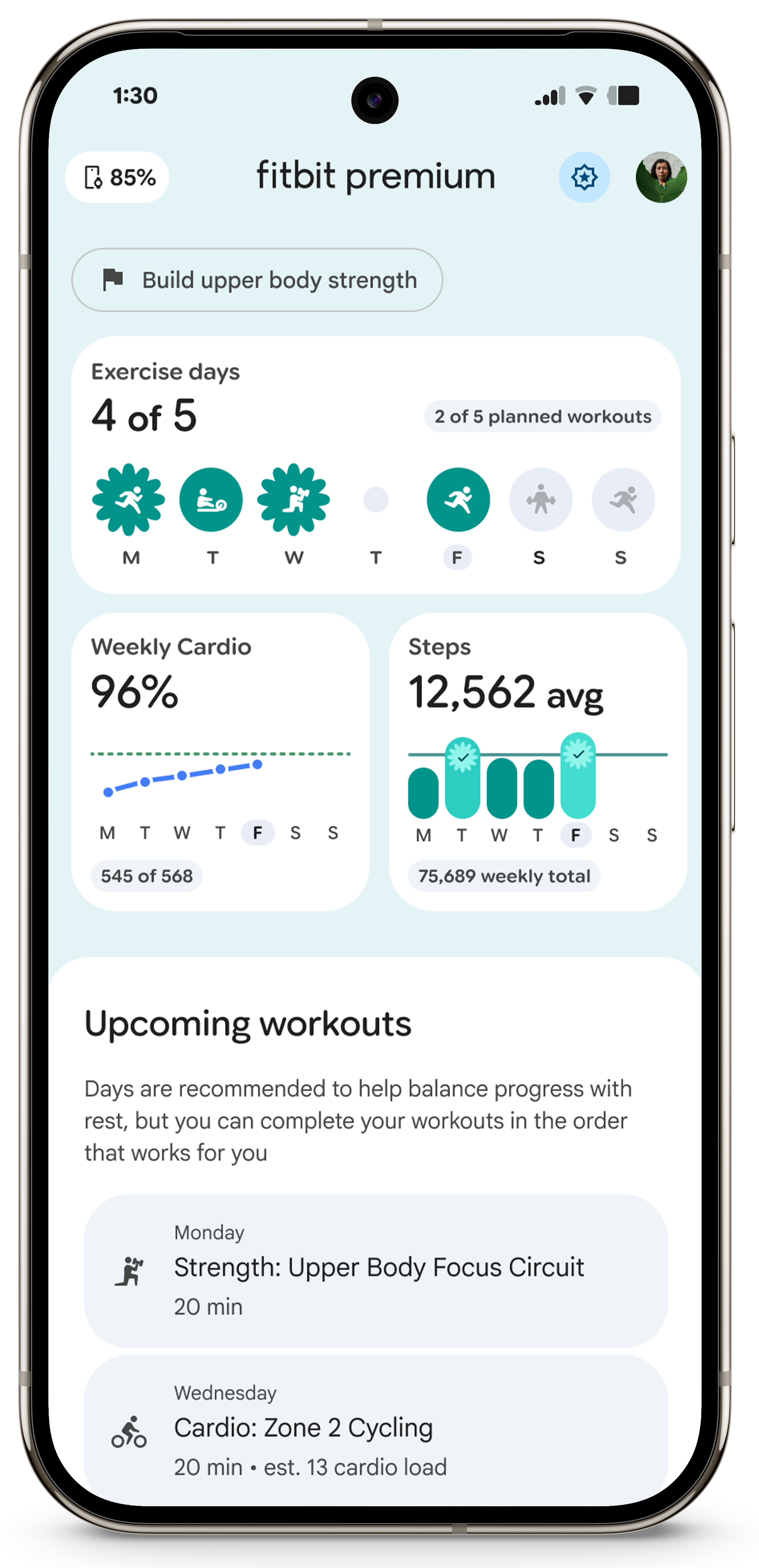 A screenshot of the Fitness tab in the personal health coach Public Preview in the Fitbit Premium mobile app dashboard. The screen shows fitness progress, including 4 of 5 planned Exercise days completed for the week. Key metrics are shown in card format: Weekly Cardio is at 96% completion, and Steps show a 12,562 average daily count with a total of 75,689 steps for the week. Below these metrics is an Upcoming workouts section listing Strength Upper Body Focus Circuit for Monday and Cardio Zone 2 Cycling for Wednesday.