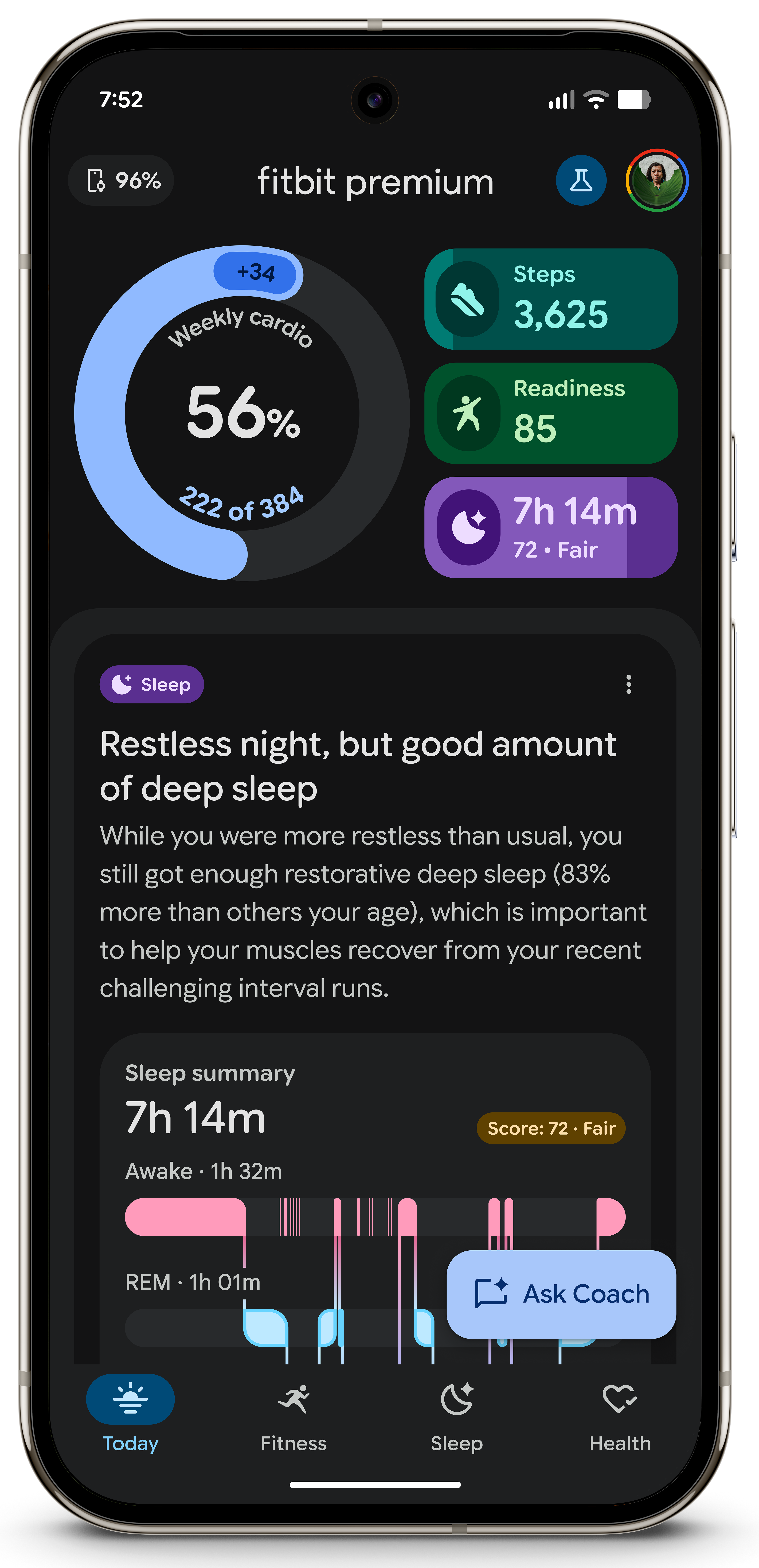 A screenshot of the Today tab (dark mode) in the personal health coach Public Preview in the Fitbit Premium mobile app dashboard. The screen shows metrics for weekly cardio, 3,625 steps, a readiness score of 85, and 7 hours 14 minutes of sleep. A sleep analysis card is visible, titled Restless night, but good amount of deep sleep.