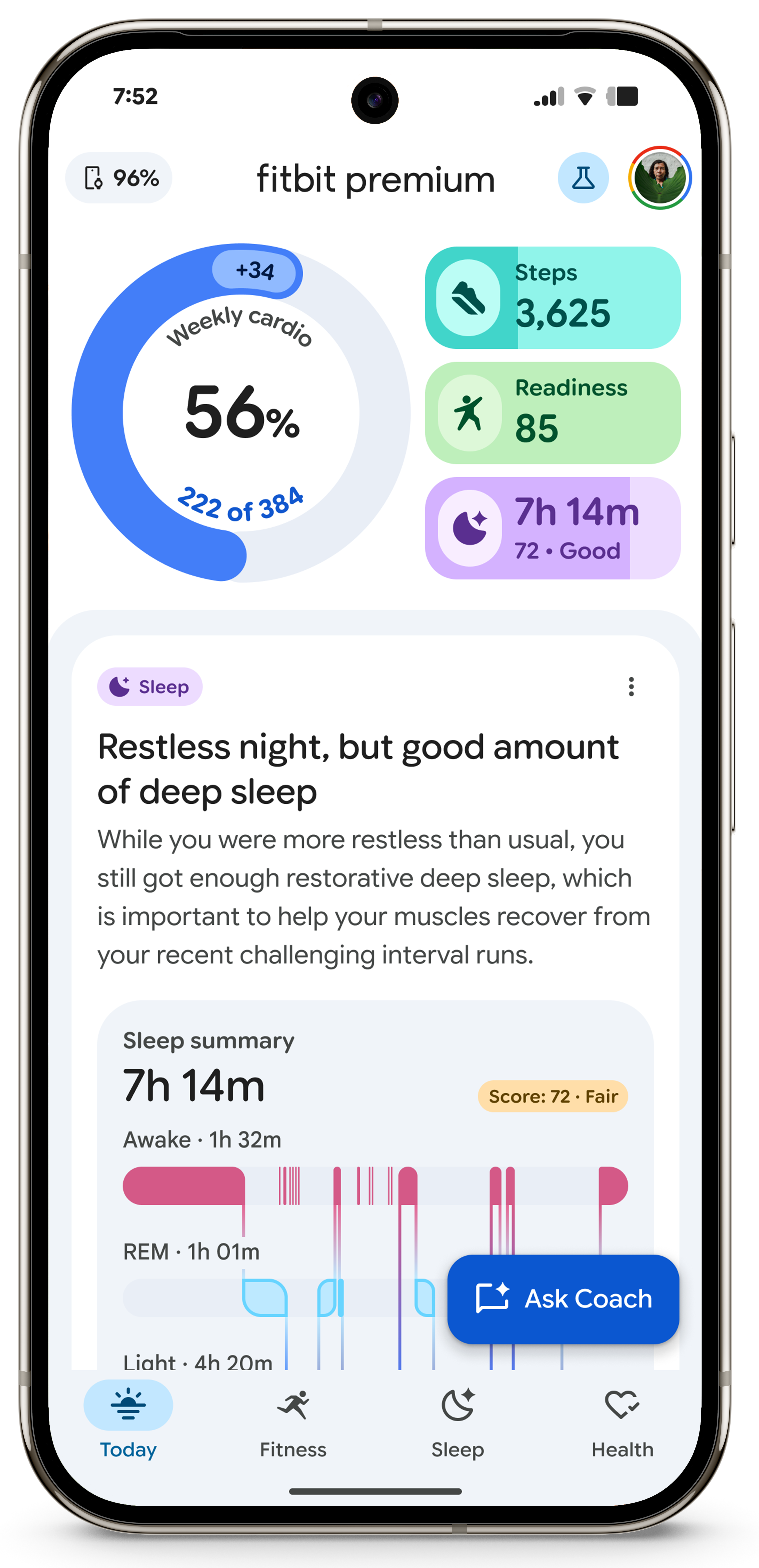A screenshot of the Today tab (light mode) in the personal health coach Public Preview in the Fitbit Premium mobile app dashboard. The screen shows metrics for weekly cardio, 3,625 steps, a readiness score of 85, and 7 hours 14 minutes of sleep. A sleep analysis card is visible, titled Restless night, but good amount of deep sleep.