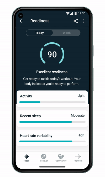 A readiness score breakdown and suggested work out content is shown in Fitbit Premium.