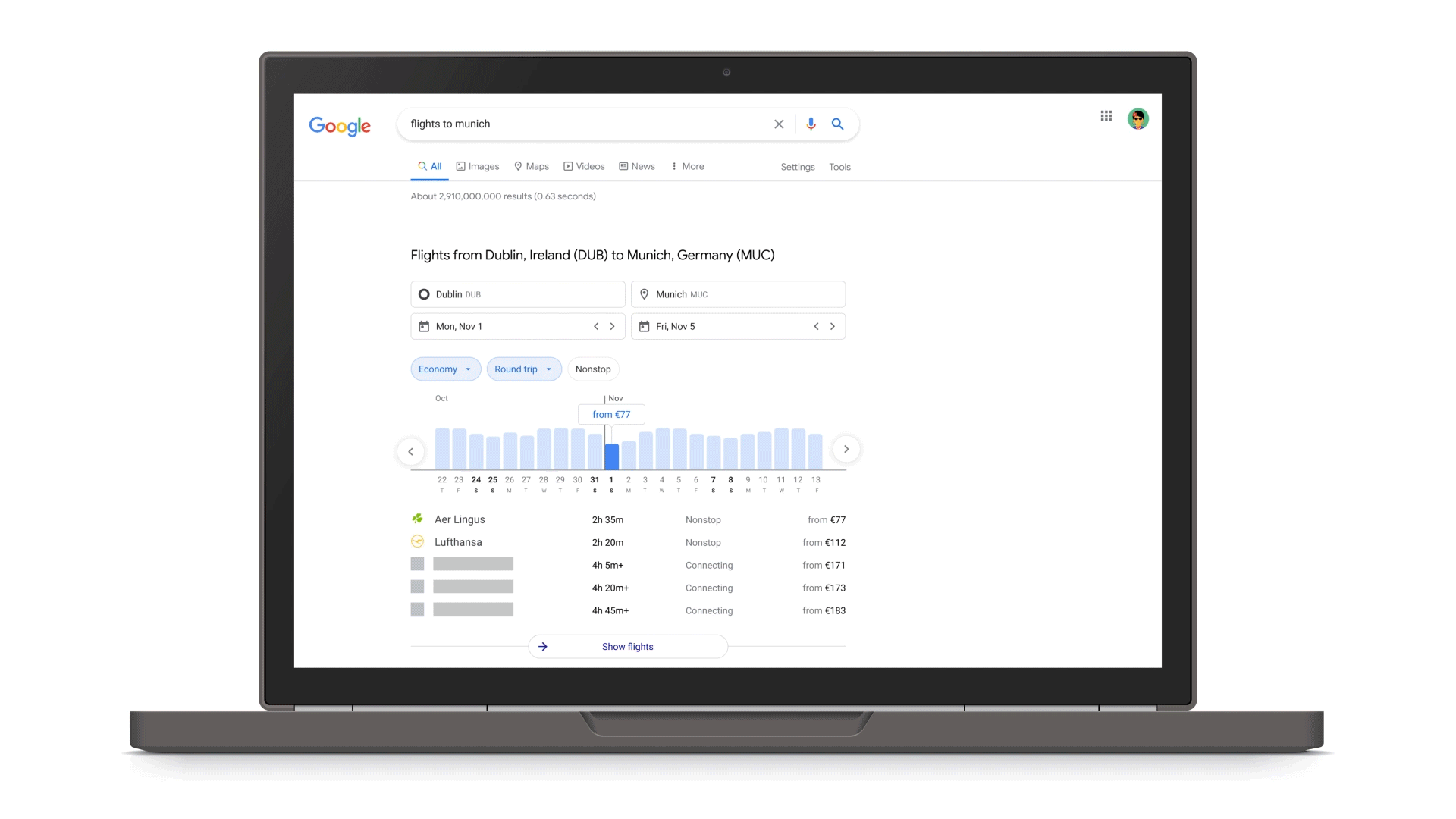 Auf dem Foto sieht man einen Bildschirm auf dem Google Flights zu sehen ist.