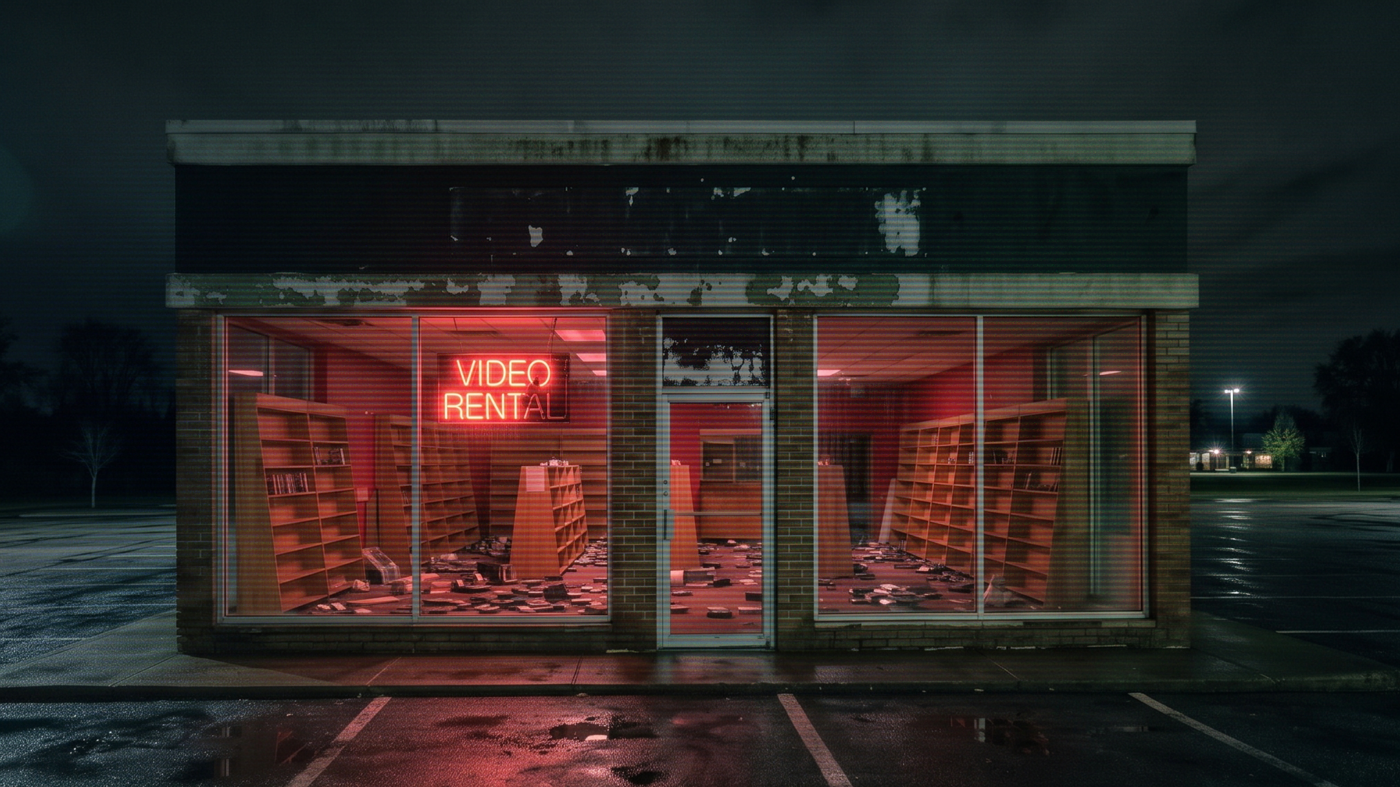 A spooky old-school video rental store at night with red lights coming from inside in an abandoned parking lot