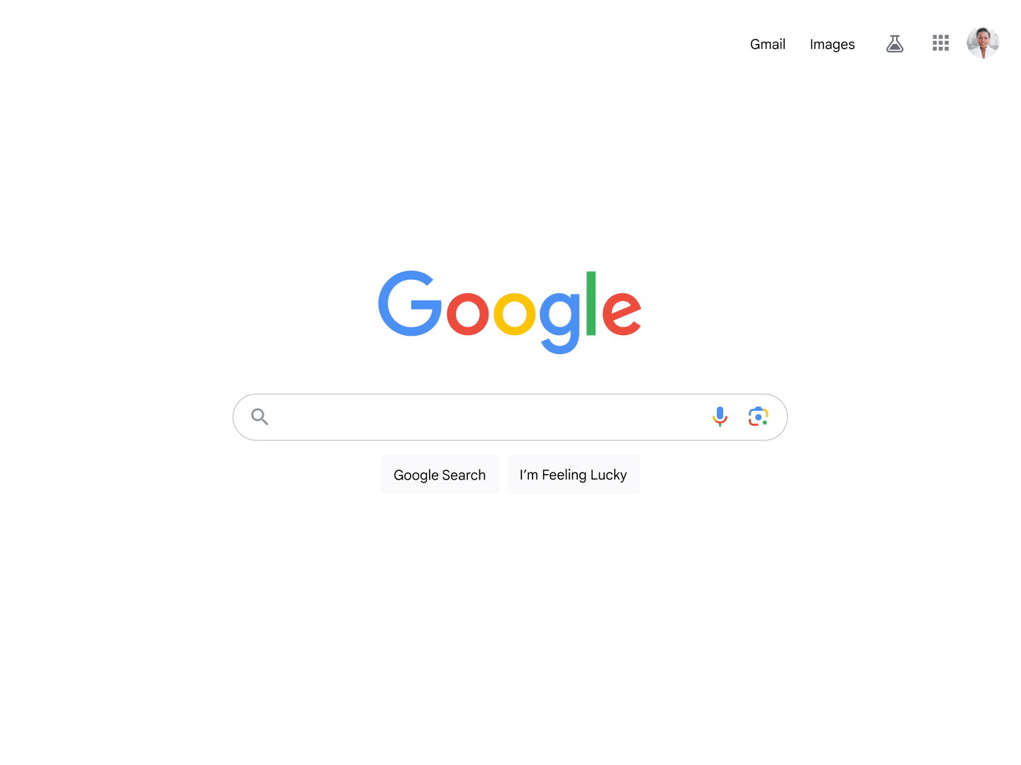 The image shows the Google homepage with a search for "fruit flies" reflected in the search bar, indicating an interest in the generative Search experience. There's the Google logo, search bar, "Google Search" and "I'm Feeling Lucky" buttons, and top-right corner links to Gmail and Images, along with a user profile icon.