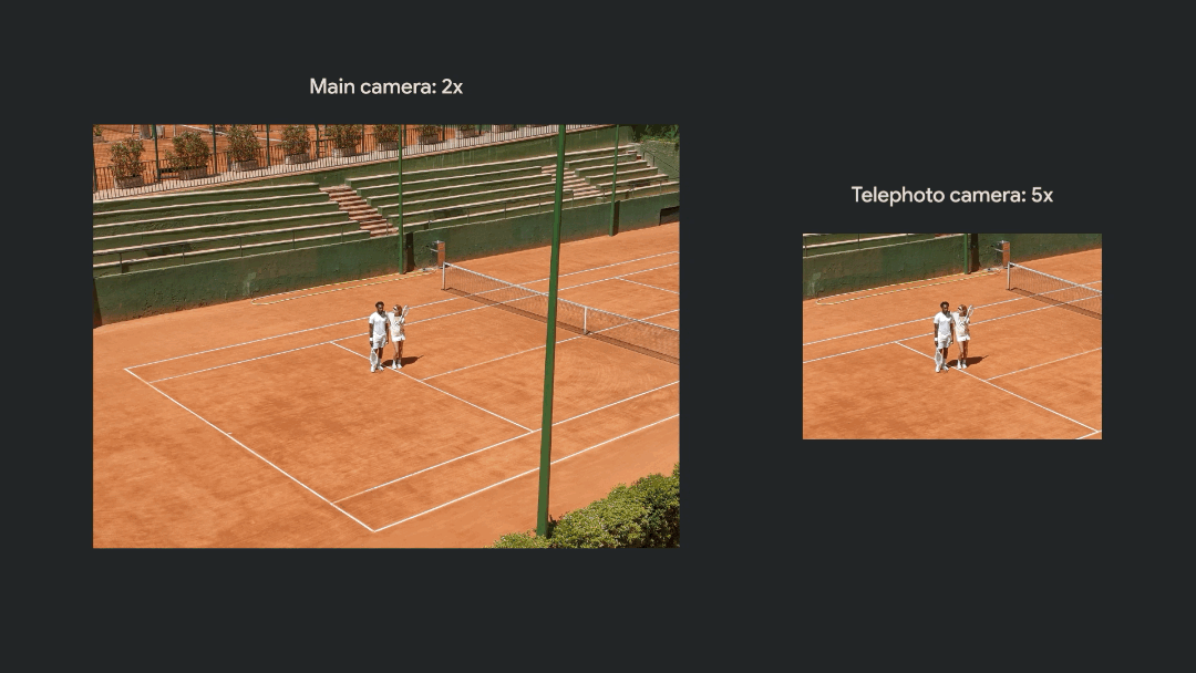 An animated gif shows two images of people on a tennis court. The images are side by side, one is labeled “main camera 2x” and the other “telephoto camera 5x.” The images them merge into one, zooming in on the couple but adding the full image of the tennis court for a zoomed in, detailed photo.