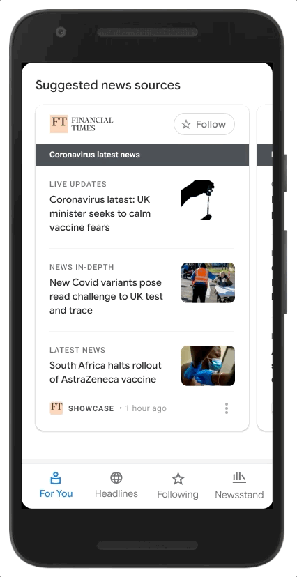 A GIF of what Google News Showcase panels will look like for UK partners