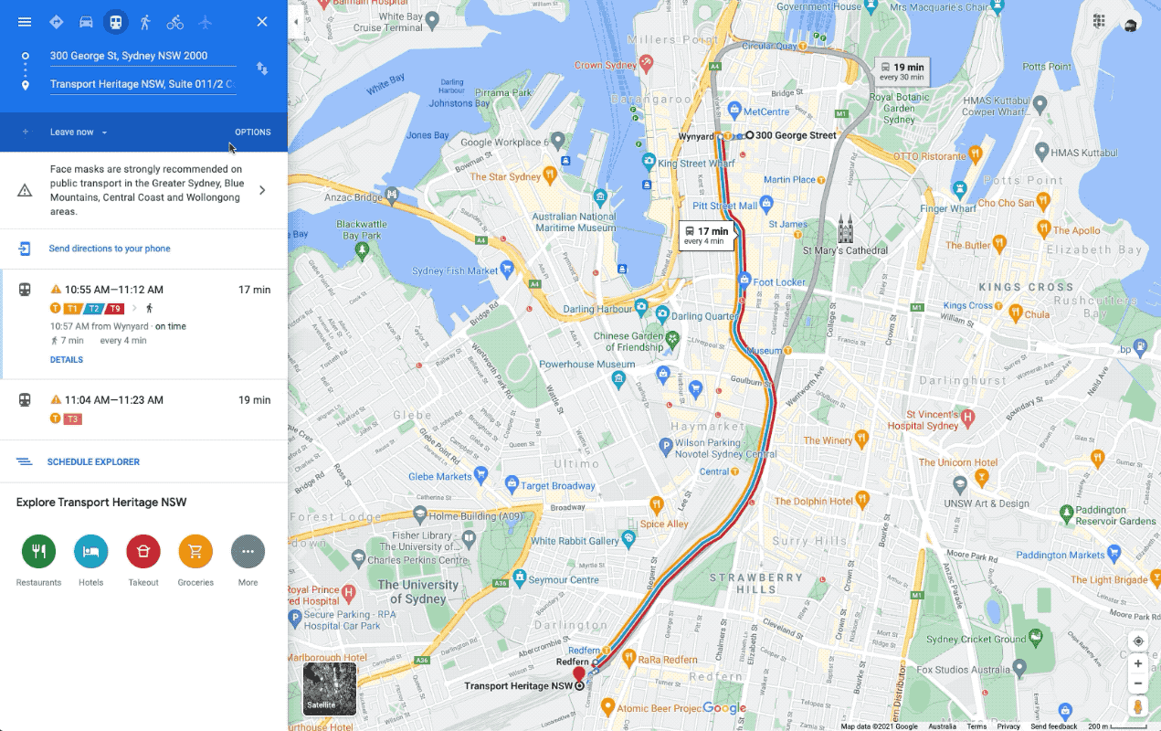 A GIF showing accessible navigation directions for a Sydney route on Google Maps in desktop view