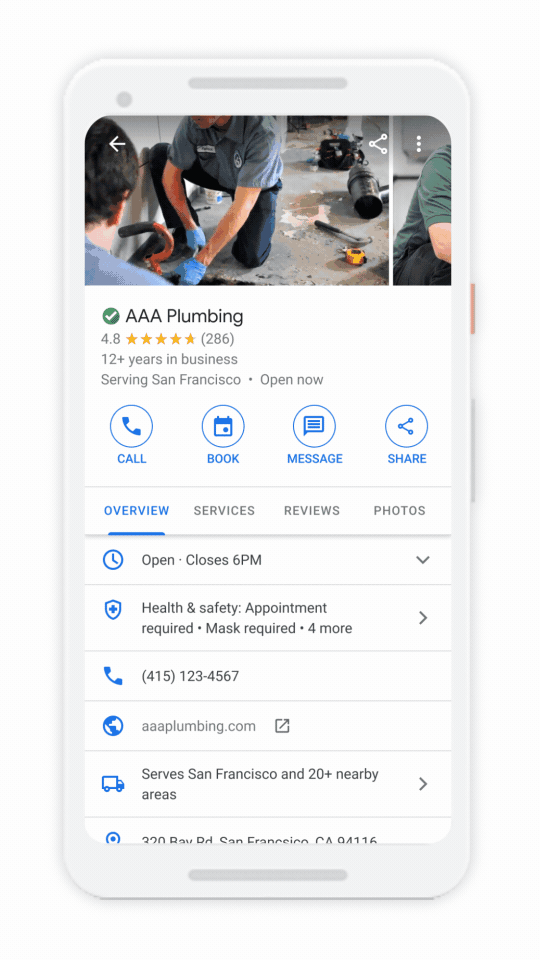 A gif shows someone booking an appointment with “AAA Plumbing” on a mobile device.