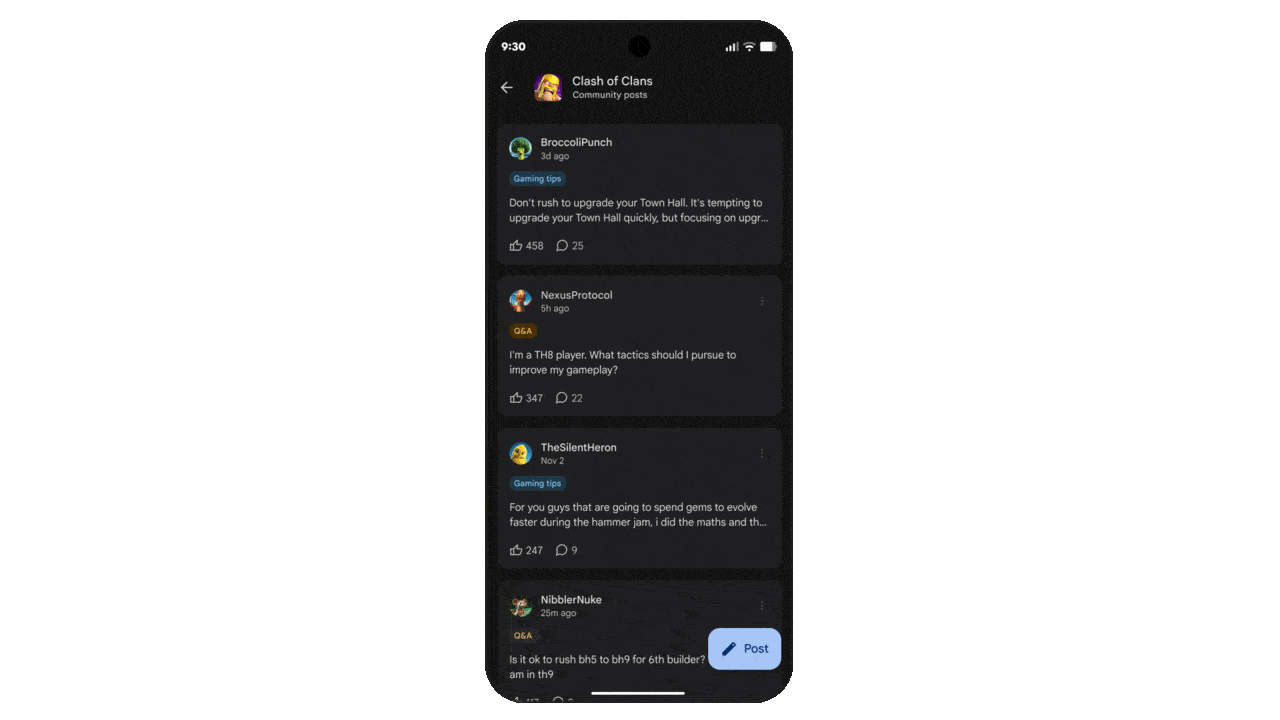 shows a user scrolling through a list of community posts related to the game Clash of Clans, featuring Q&A and gaming tips from various users.