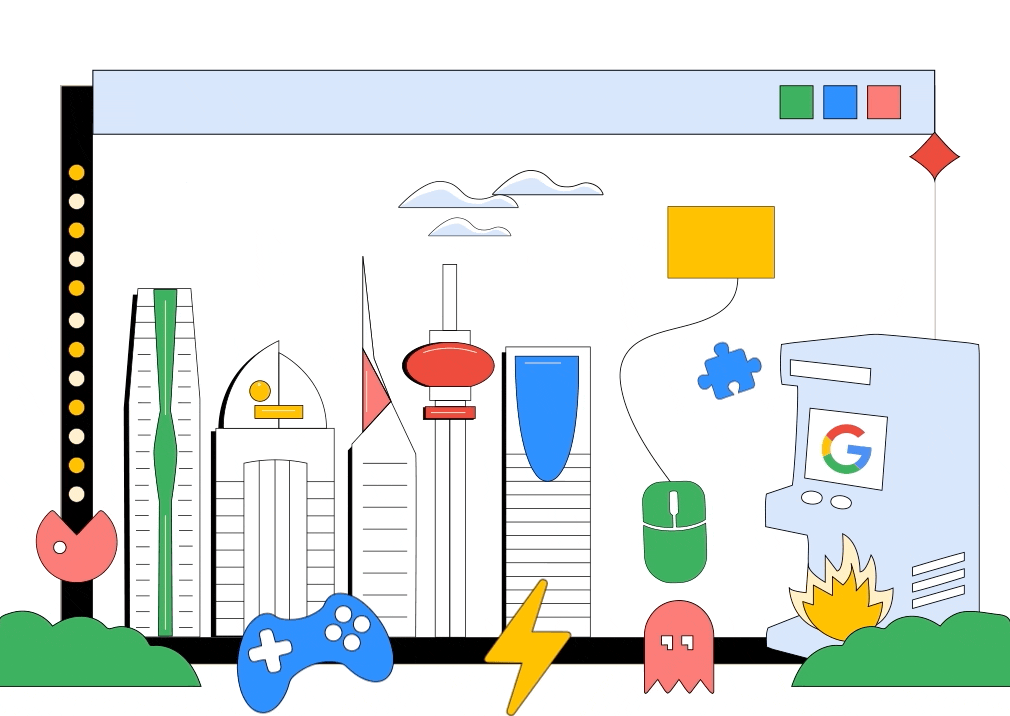 GIF of Riyadh skyline with gaming icons and Google logo
