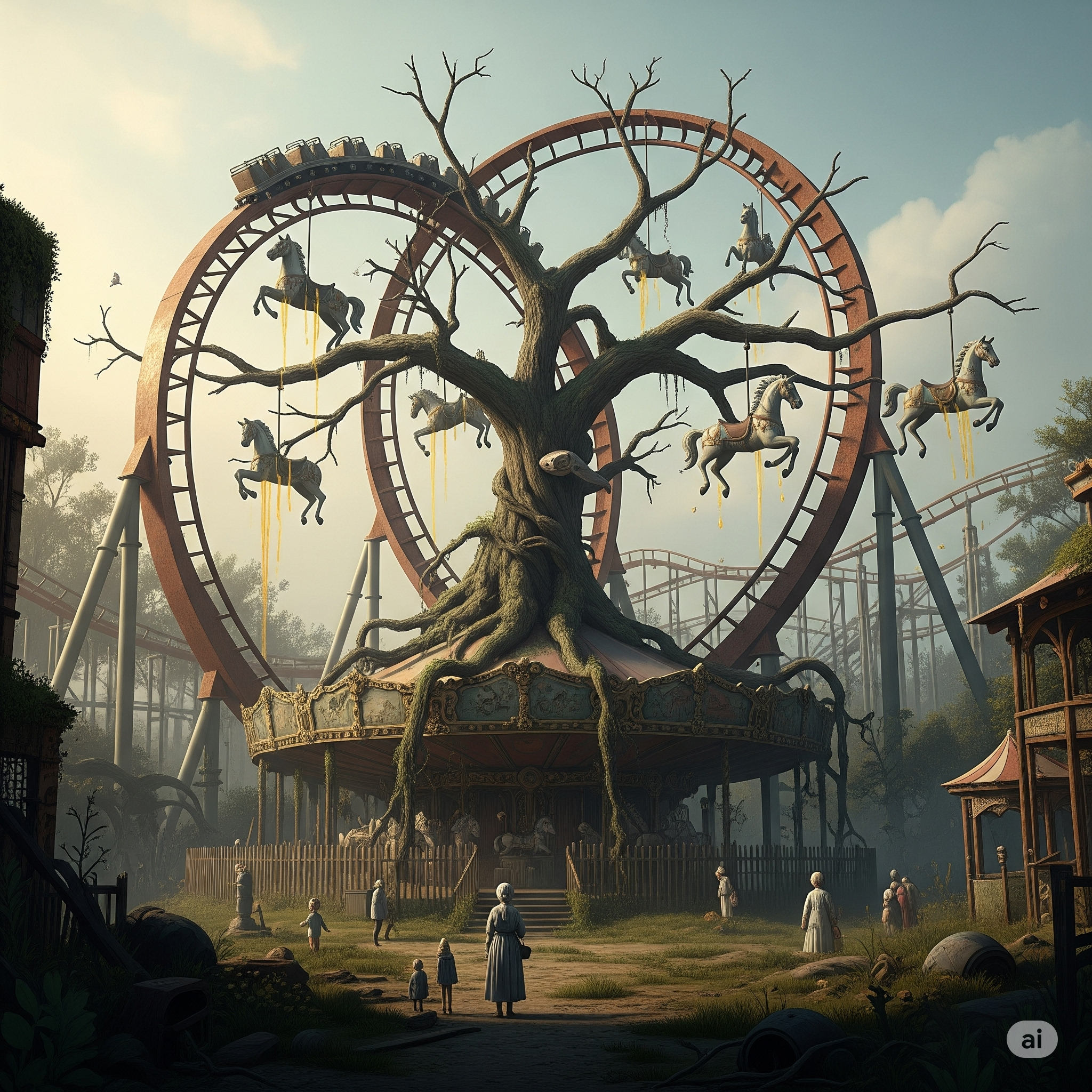 AI image showing a rollercoaster surrounding a tree with carousel ponies dangling from its branches.