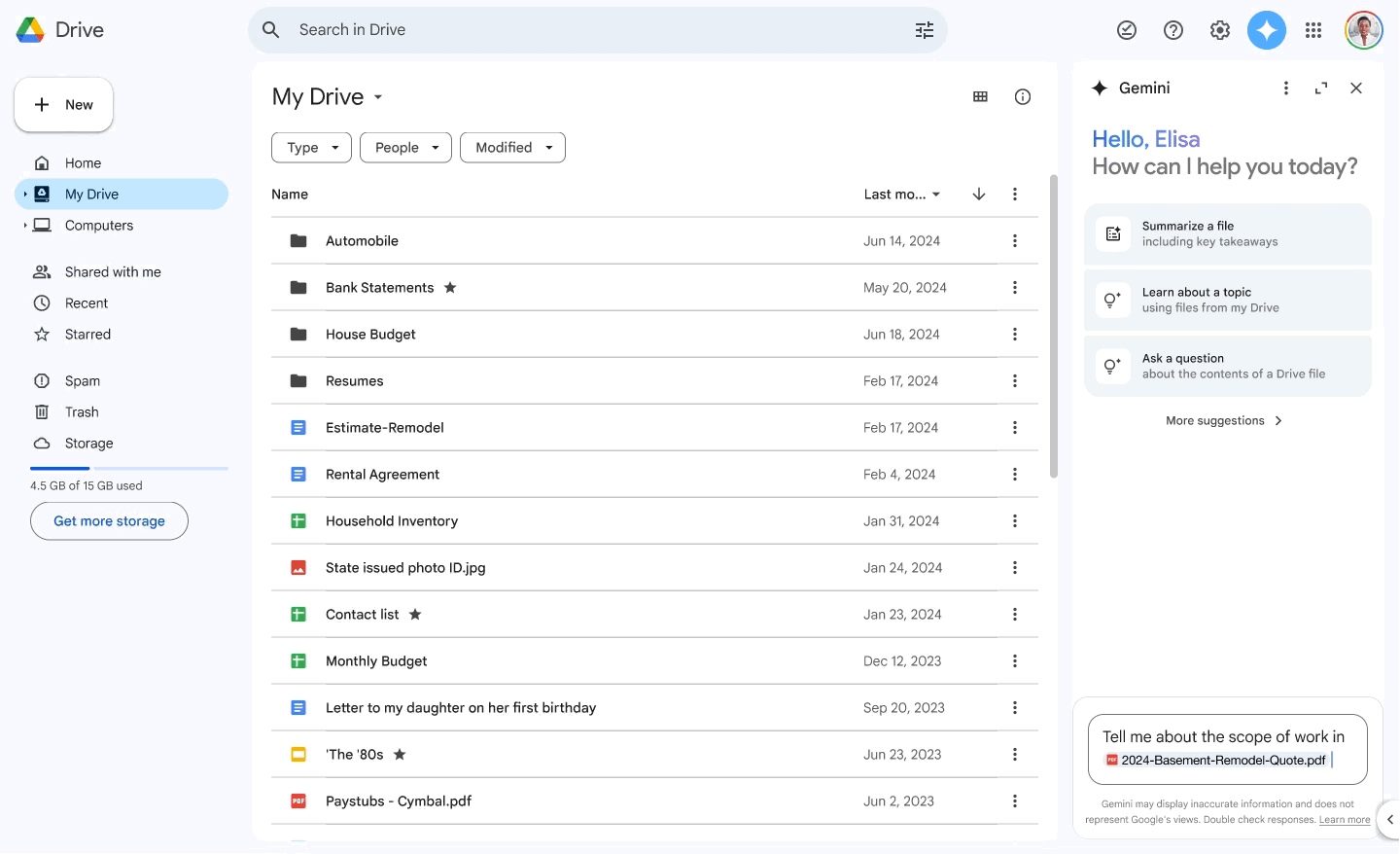 El panel lateral de Gemini en Google Drive puede ayudarte a responder preguntas clave sobre tu contenido.