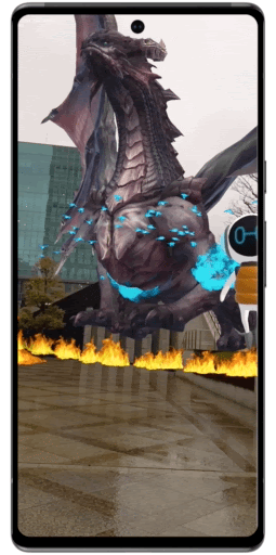Juego de DOCOMO y Curiosity que muestra un dragón, un alien y una nave espacial en realidad aumentada interactuando sobre una imagen del mundo real, impulsado por la API geoespacial ARCore.