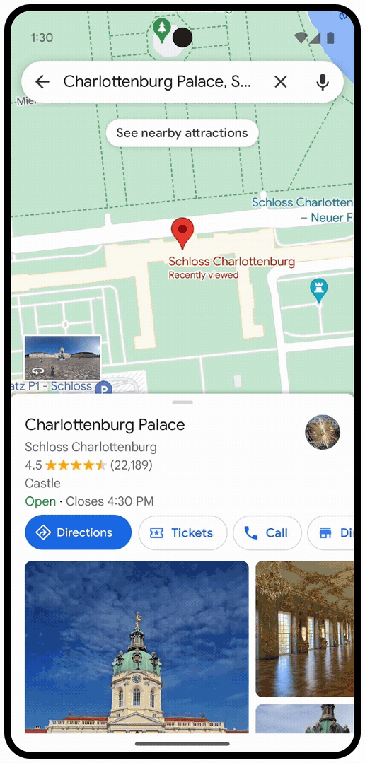 Ein GIF, das übersichtliche Wegbeschreibungen in Google Maps zeigt