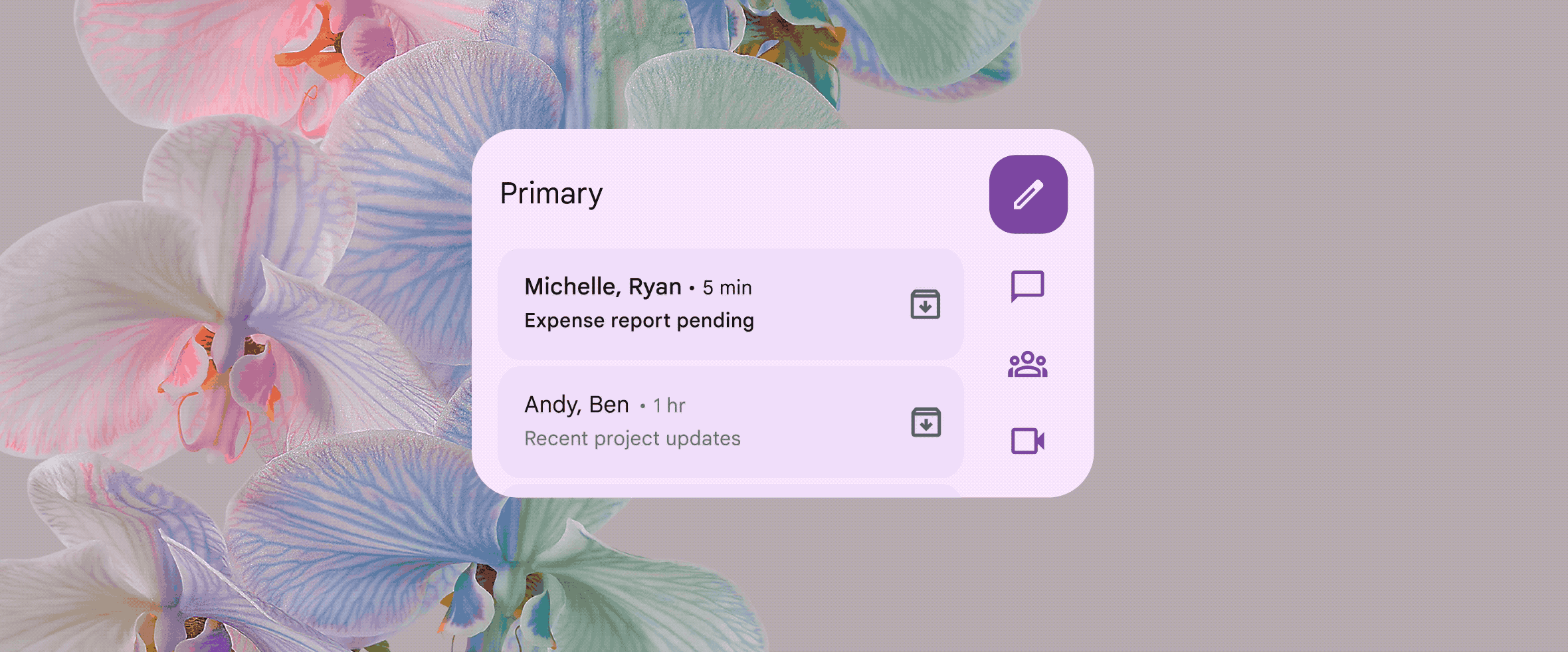 An Android background with light purple orchids. In the foreground, the Gmail widget animates through the archive feature. An email arrives in the inbox, the archive button is tapped and the email disappears.