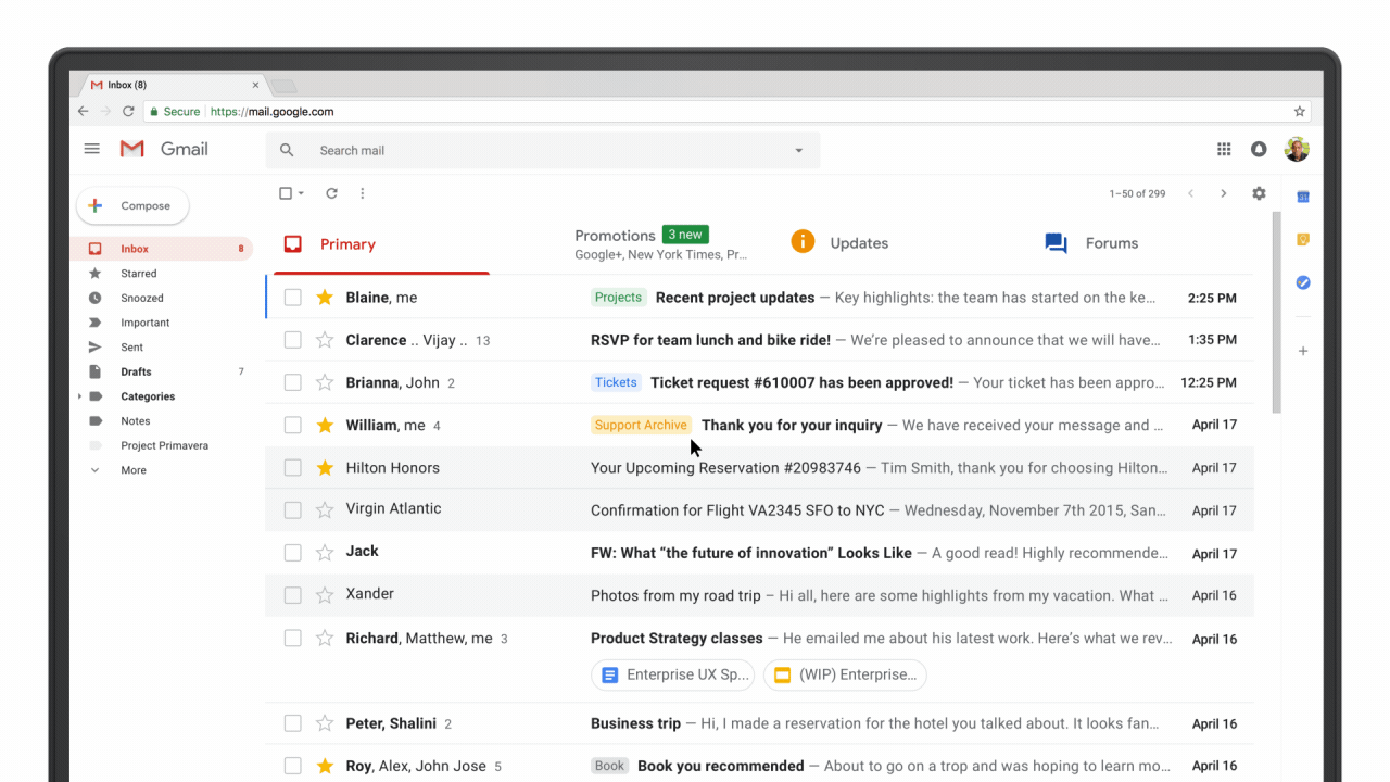 La nuova interfaccia di Gmail integra una sidebar per l'accesso rapido a Calendar, Keep e Tasks