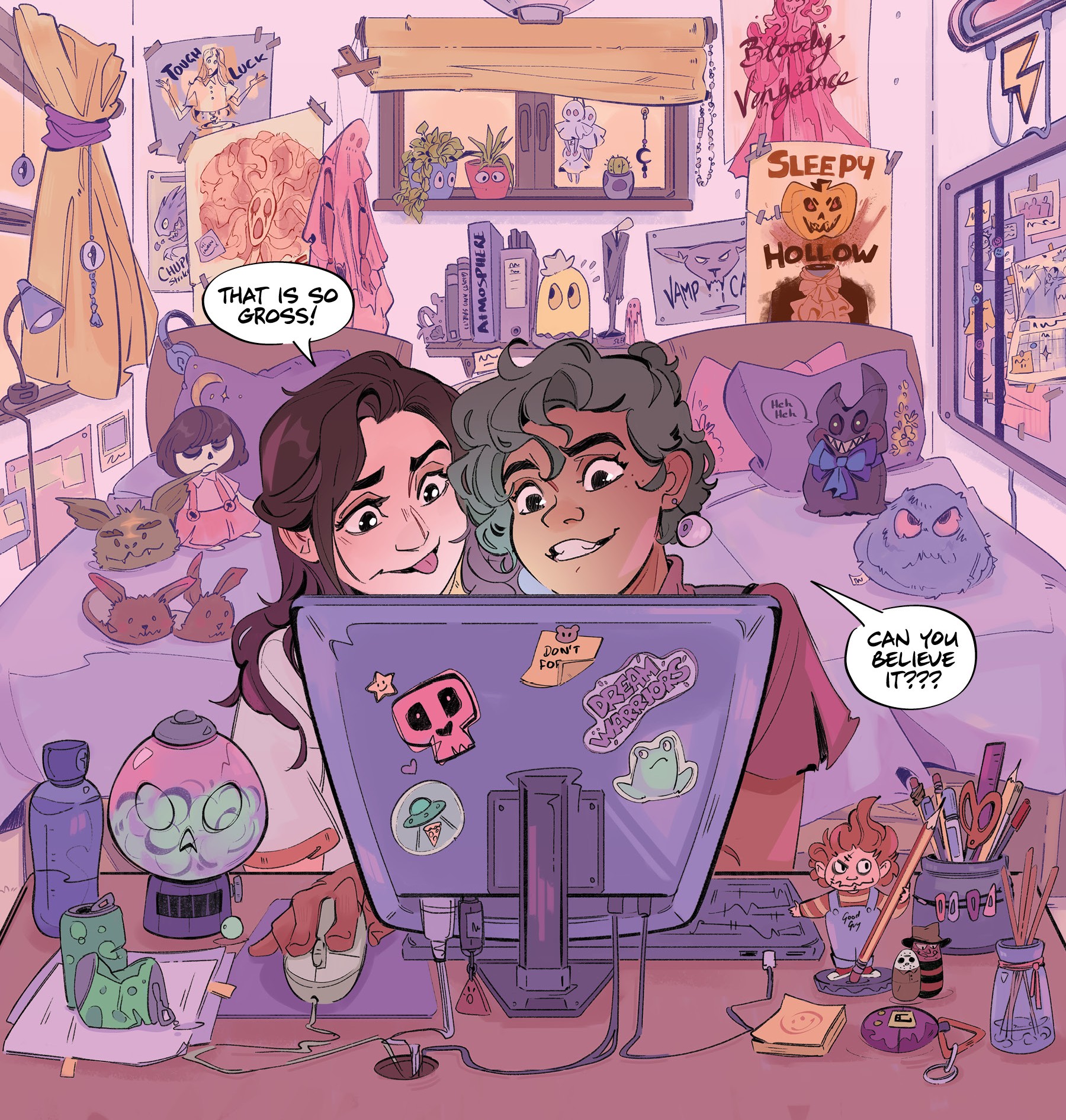 An illustration from "Going Under" of two friends sitting at a cluttered desk in a cozy, purple-hued bedroom. One character smiles at the computer screen, saying "CAN YOU BELIEVE IT???", while the other reacts with "THAT IS SO GROSS!"