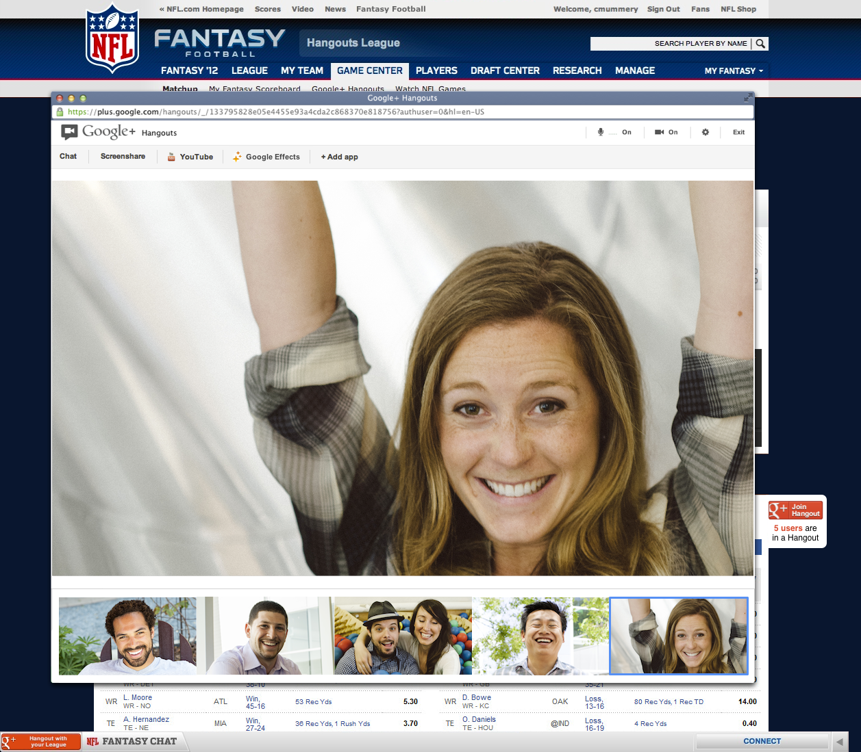 Google+ Hangouts and the NFL fantasy football, face-to-face-to-face