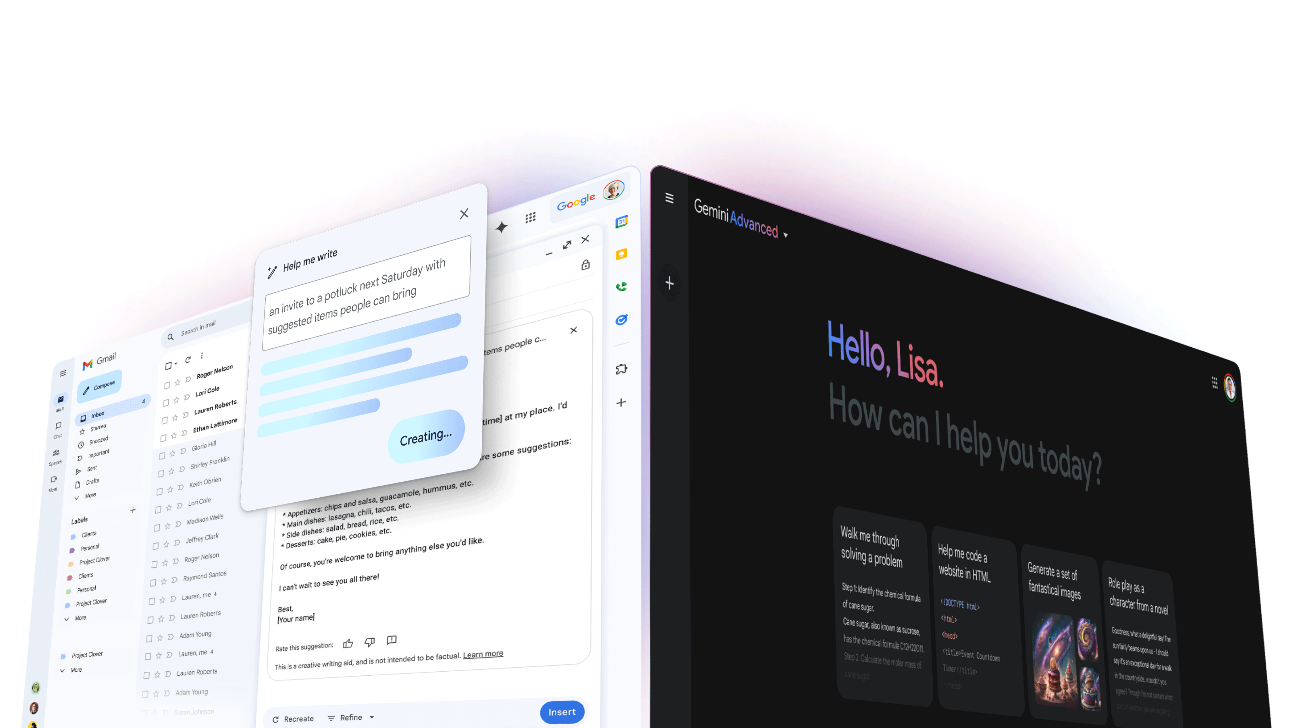 
                         
                           Two screens showing Gmail and Gemini Advanced.
                         
                       