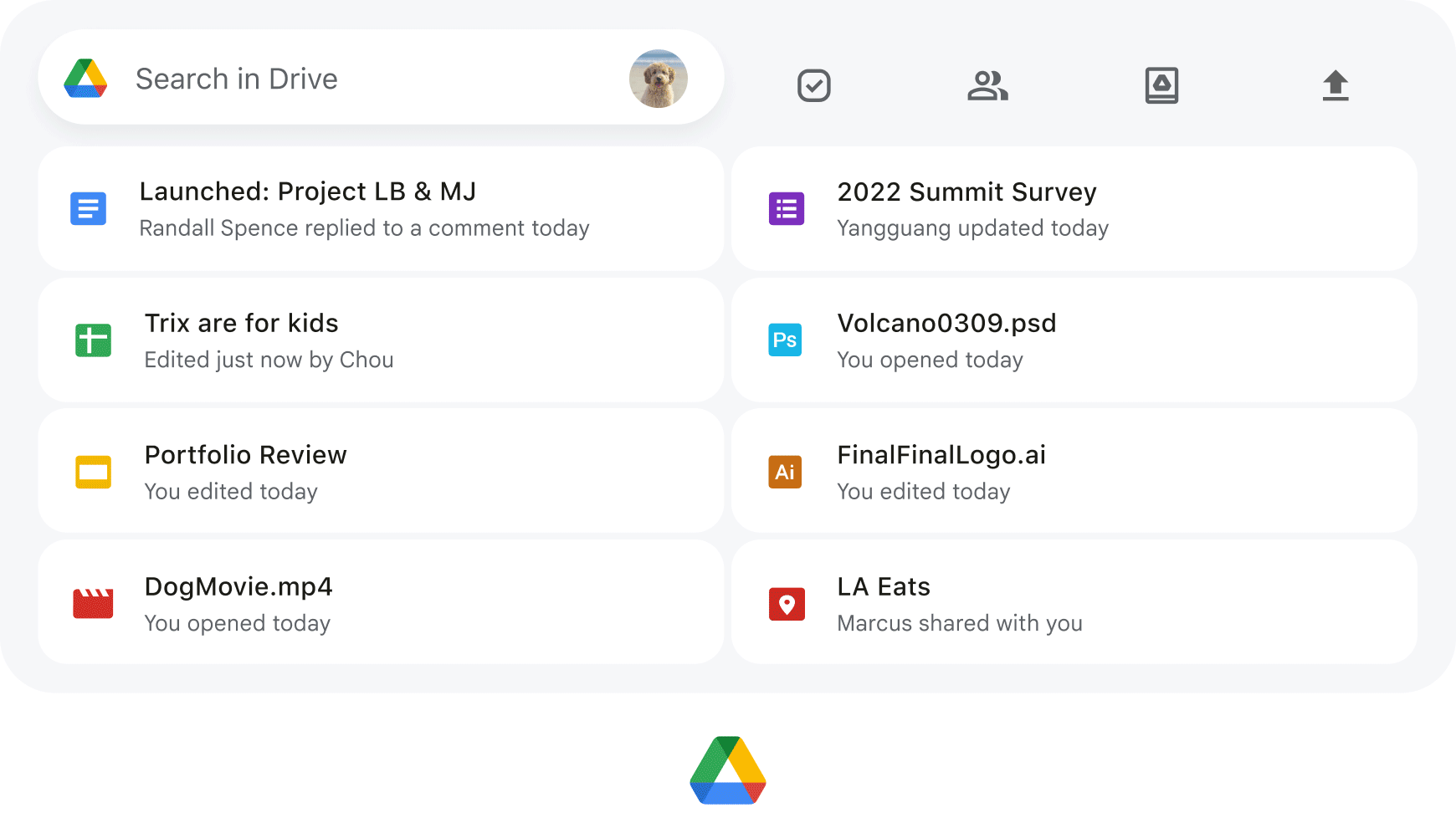 The Google Drive XL widget animates between light and dark mode on iOS. It has a “Search in Drive” text bar, along with various Docs, Sheets and Slides.