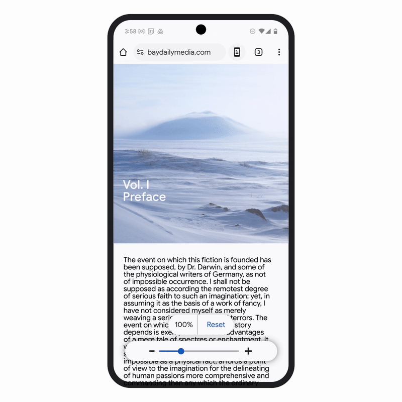 Page Zoom is shown via Chrome on Android with the text on the page being zoomed in and out