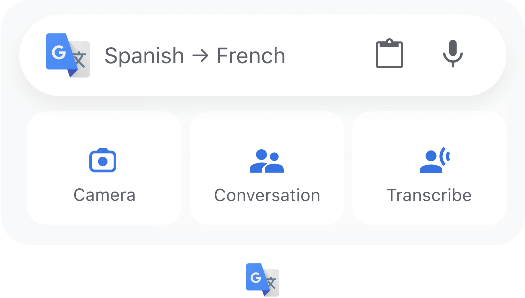 El widget de Google Translate anima entre el modo claro y oscuro en iOS. Tiene una barra de texto para traducir del español al francés, con opciones para “Cámara”, “Conversación” y “Transcribir” debajo.