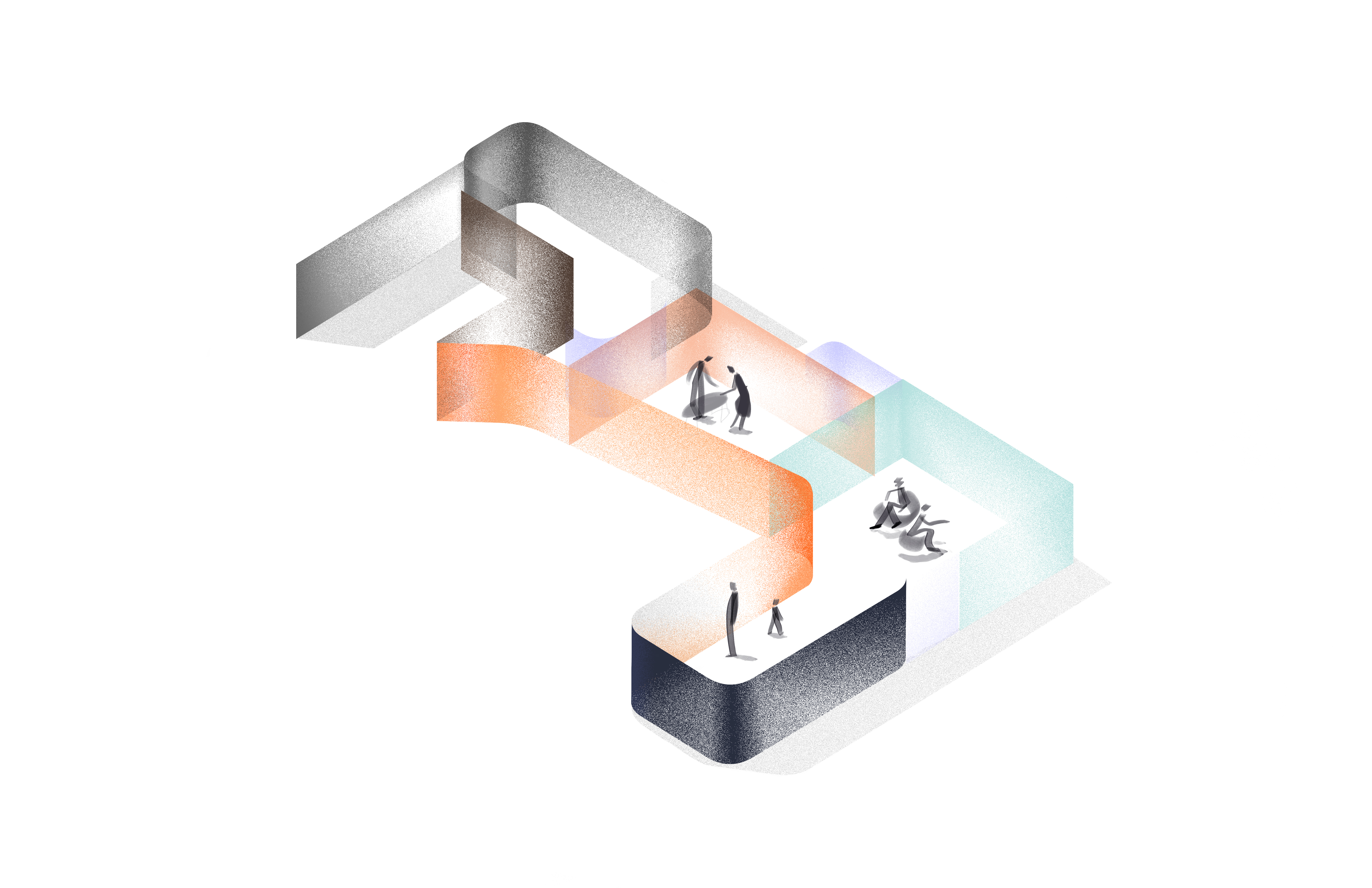 An artistic rendering of "A Space for Being," showing people moving throughout the walls of the exhibit.