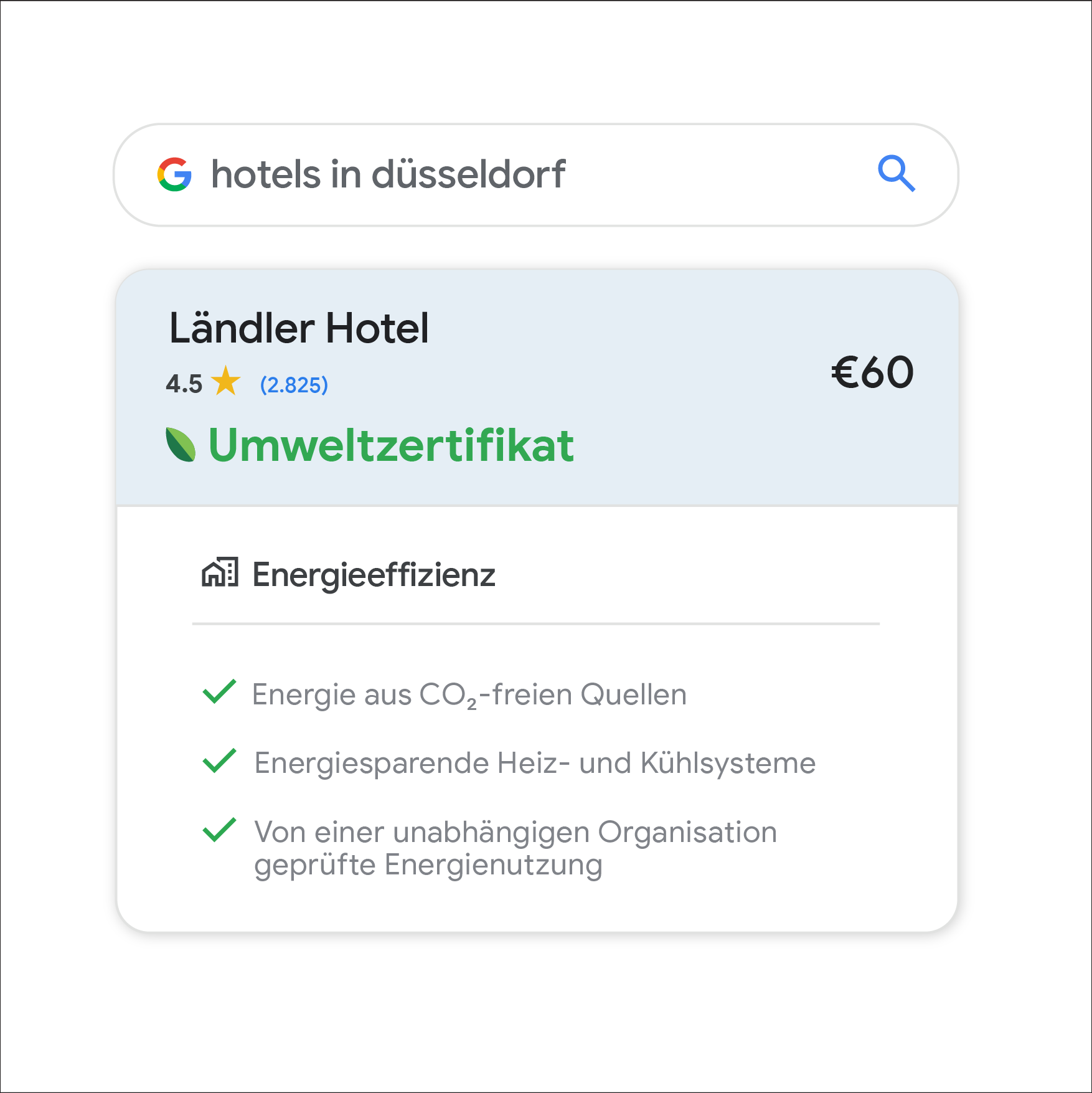 Screenshot von der Google Hotelsuche für klimafreundliche Hotels in Düsseldorf