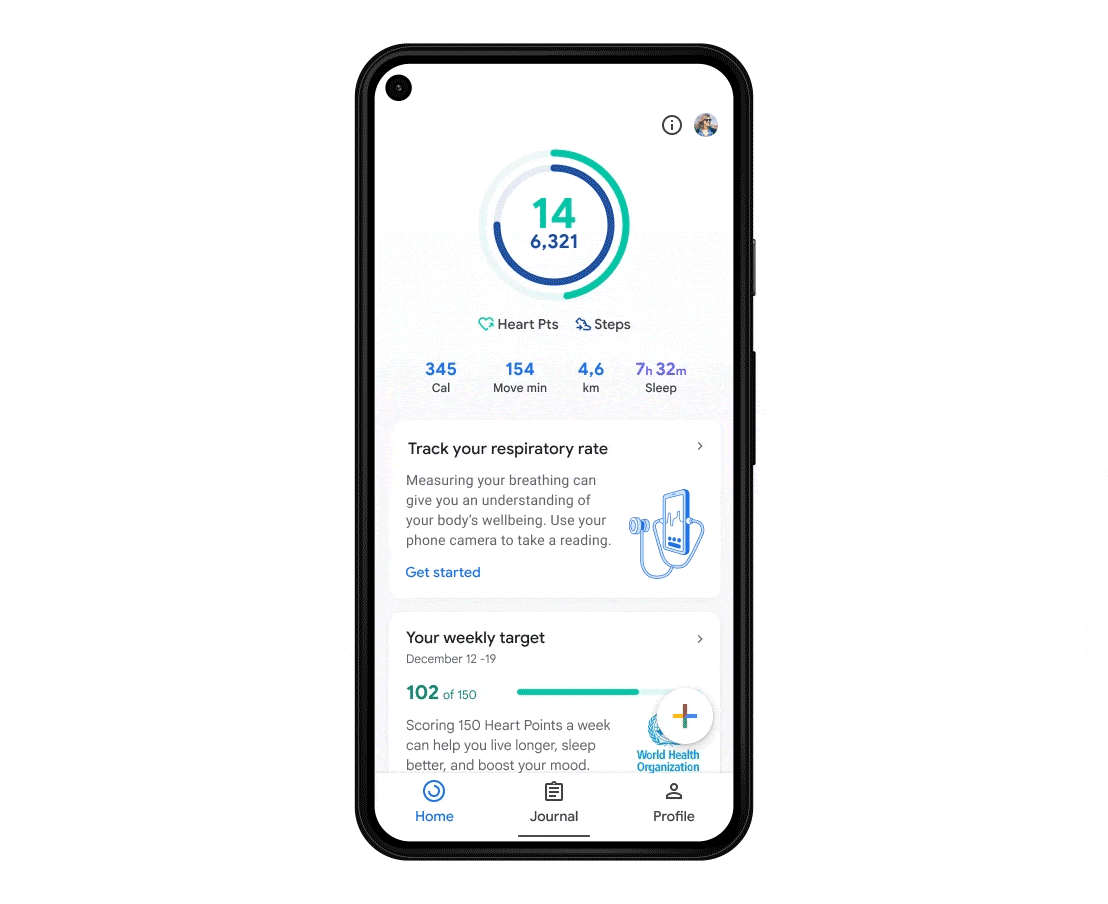 An image of a phone showing how you use Google Fit to monitor your respiratory rate.